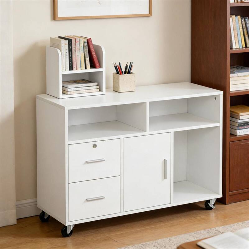Alt View 5. HTUTWOO - Mobile File Cabinet,Printer Stand Unit,Storage Cabinet with Lockable Drawers and 3 Shelves,Rolling Organizer with Wheels - White.