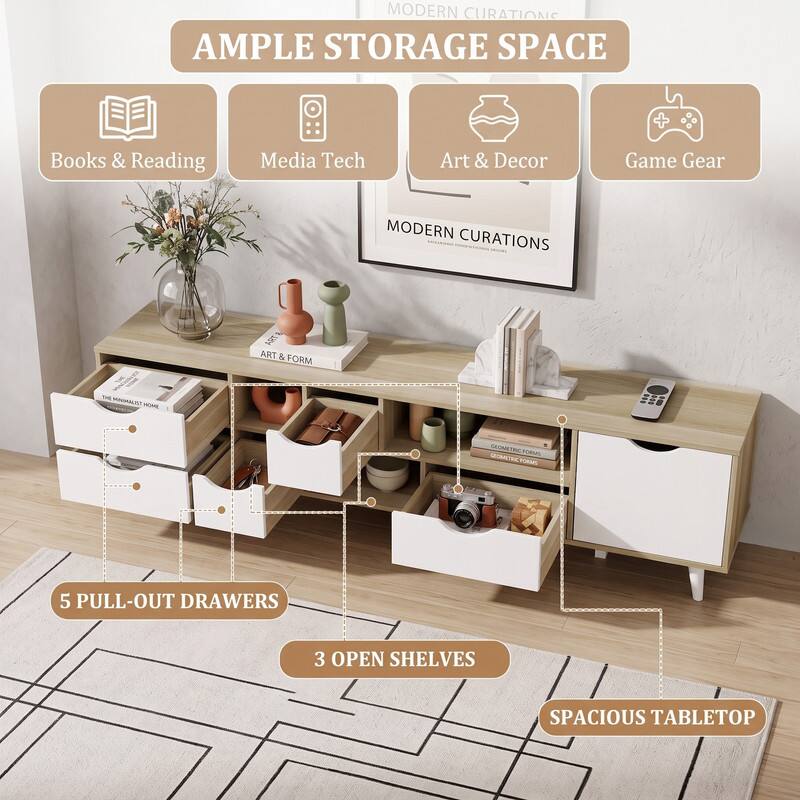 MODERN CURATIONS  
AMPLE STORAGE SPACE

Books & Reading  
Media Tech  
Art & Decor  
Game Gear

MODERN CURATIONS  
ART & FORM  
GEOMETRIC FORMS

5 PULL-OUT DRAWERS  
3 OPEN SHELVES  
SPACIOUS TABLETOP