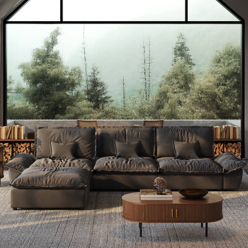 Angle. POVISON - 141.73" Sailboat Deep Sofa Stain Resistant Cozy Couch with Ottoman - Gray Suede Fabric.