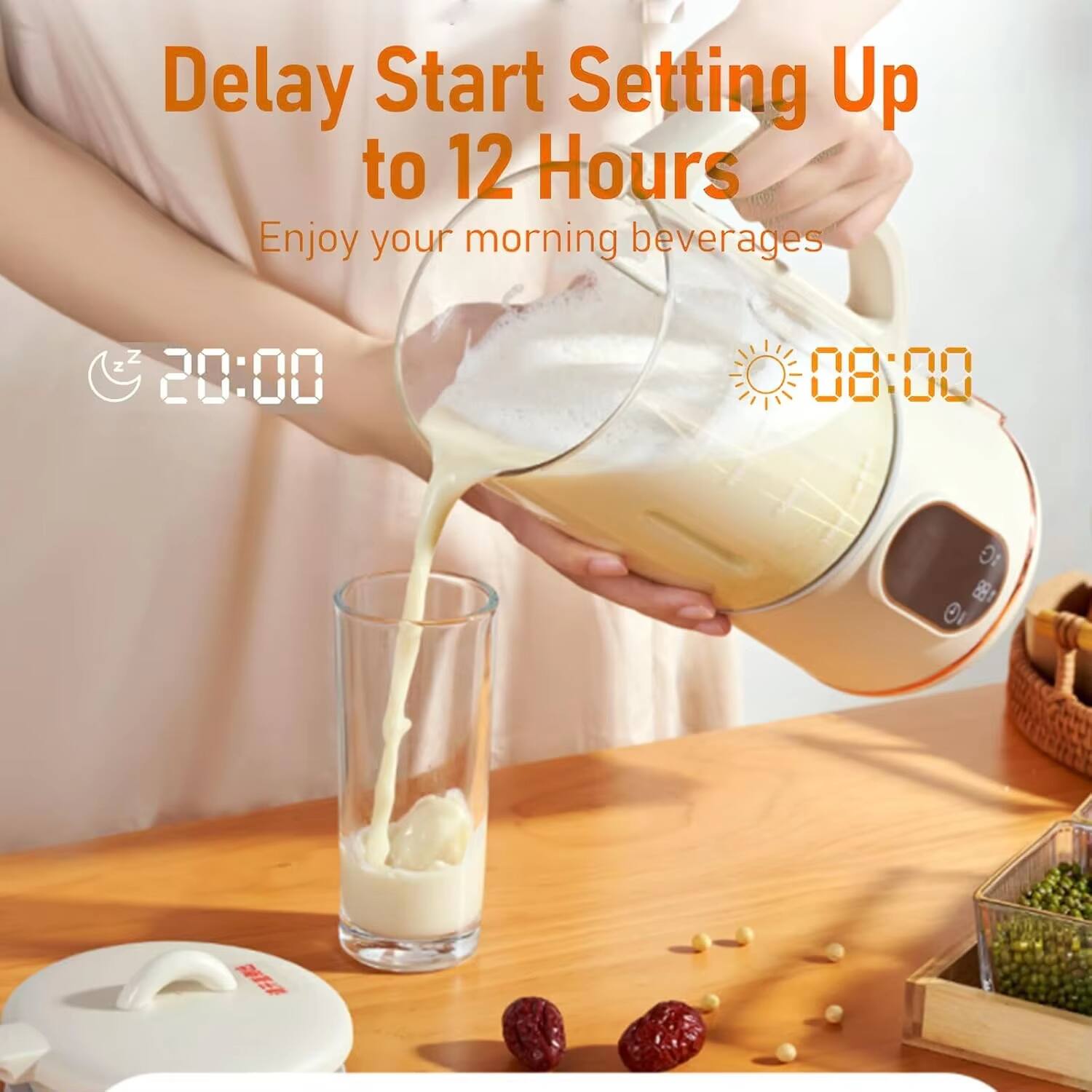 Delay Start Setting Up to 12 Hours  
Enjoy your morning beverages  
20:00  
08:00