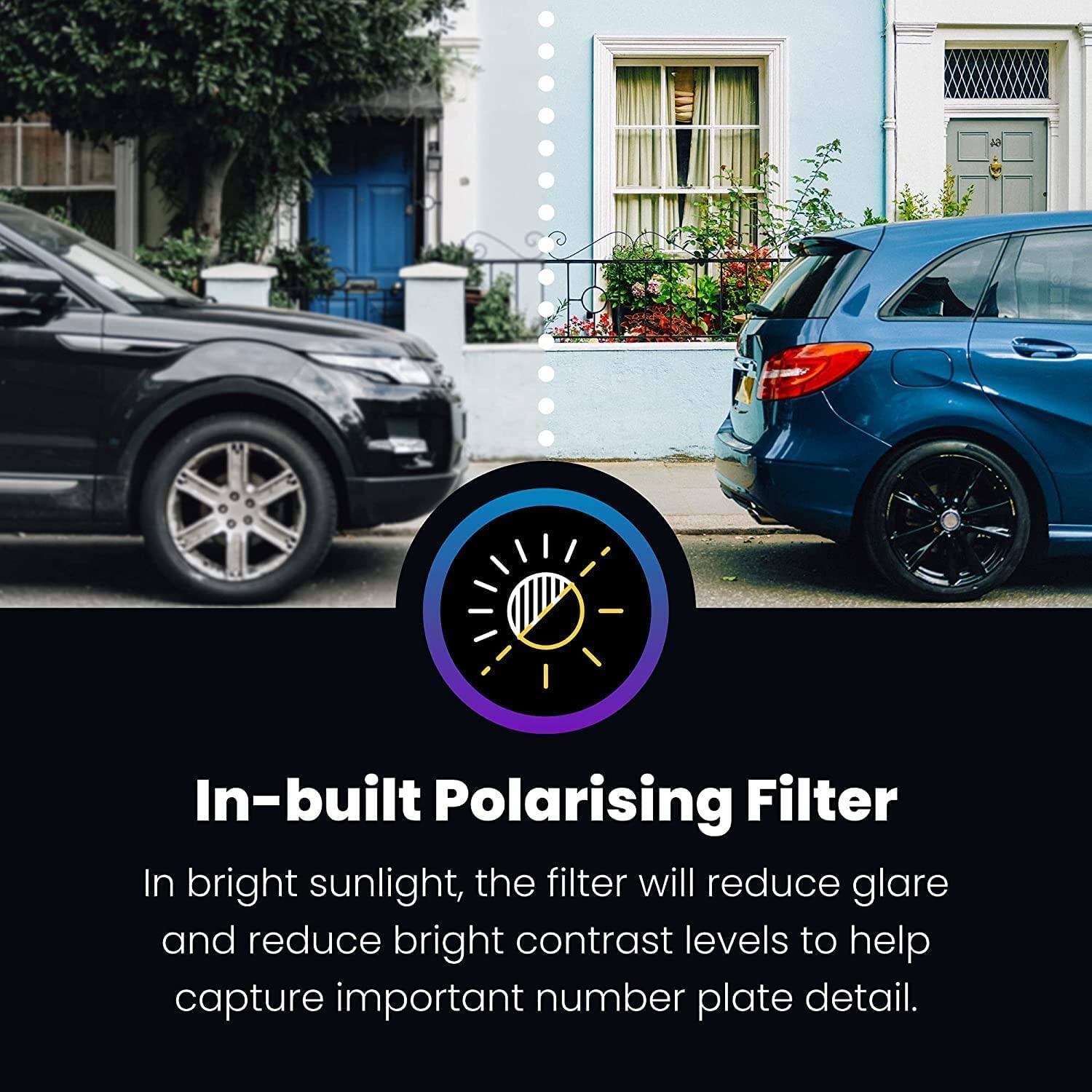 In-built Polarising Filter

In bright sunlight, the filter will reduce glare and reduce bright contrast levels to help capture important number plate detail.