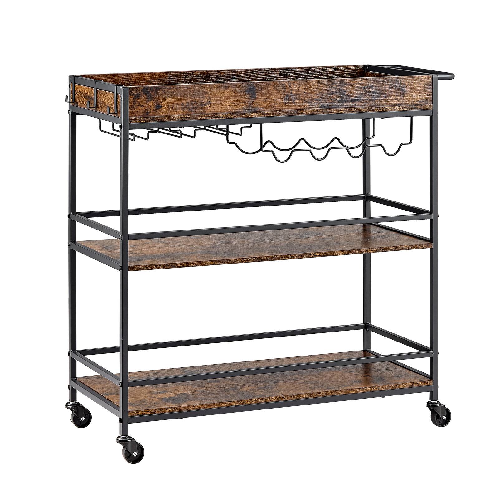 Alt View 5. VEVOR - Bar Cart, 3 Tiers Home Kitchen Serving Carts, Industrial Rolling Utility Station on Wheel, Mobile Drink Beverage Shelf - Black + Brown.