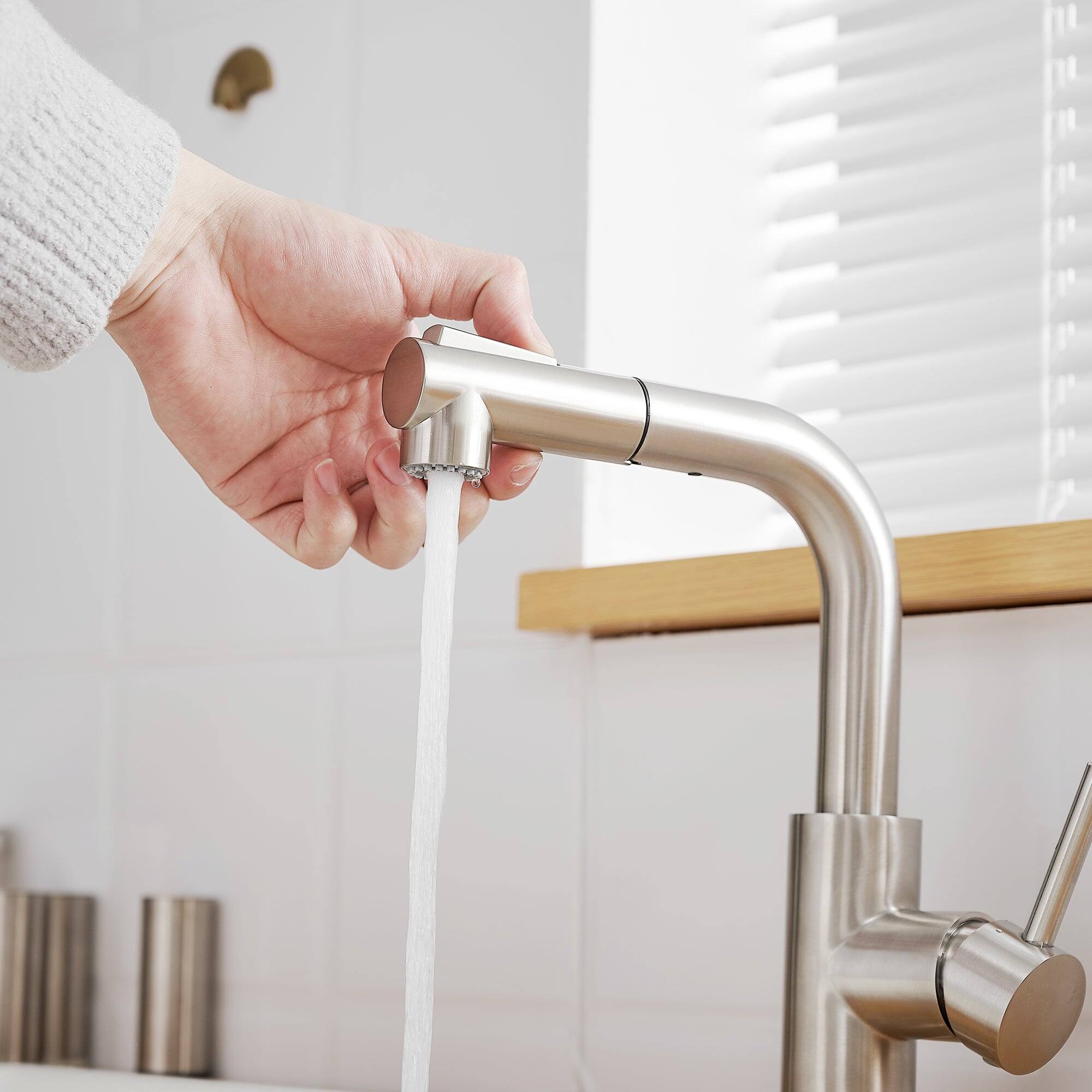 Angle. Boyel Living - Brushed Nickel 2 Spray Patterns Stainless Steel Pull Out Kitchen Faucet with Water Supply Hoses - Brushed Nickel.