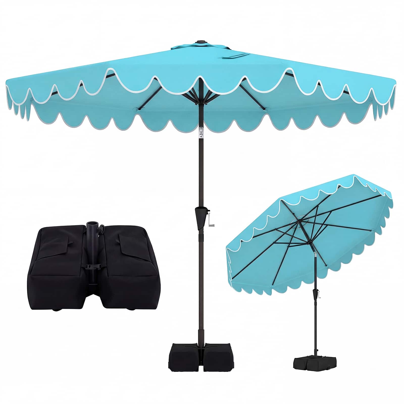 Costway - 10 FT Patio Umbrella with Weighted Base, Sandbags, Push Button Tilt & Crank - Turquoise
