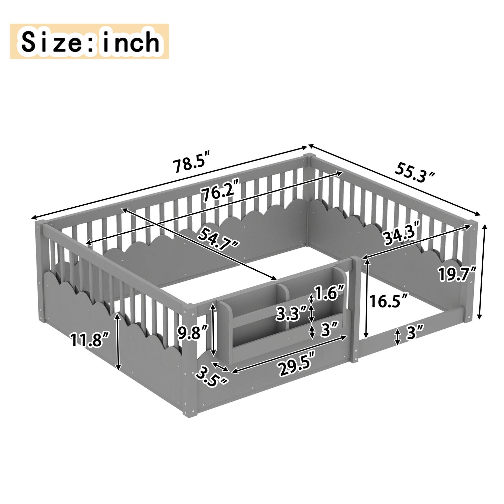 Size: inch  
11.8" 78.5" 76.2" 54.7" 9.8" 3.5" 1.6" 3.3" 3" 29.5" 55.3" 34.3" 19.7" 16.5" 3"