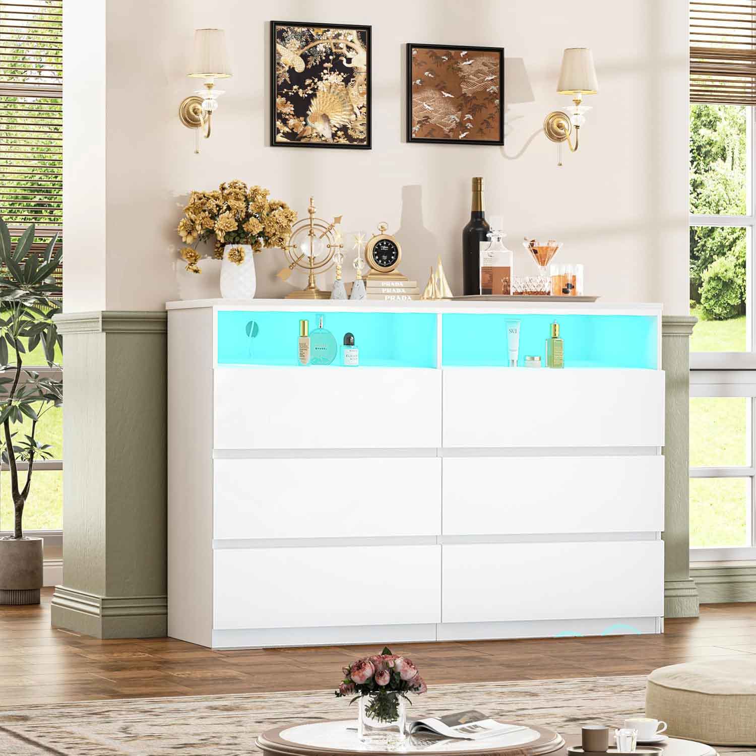 Vipbear - 6-Drawer Double Dresser with Power Outlet & LED Lights, Wide Storage Chest with Open Shelving,Black - White