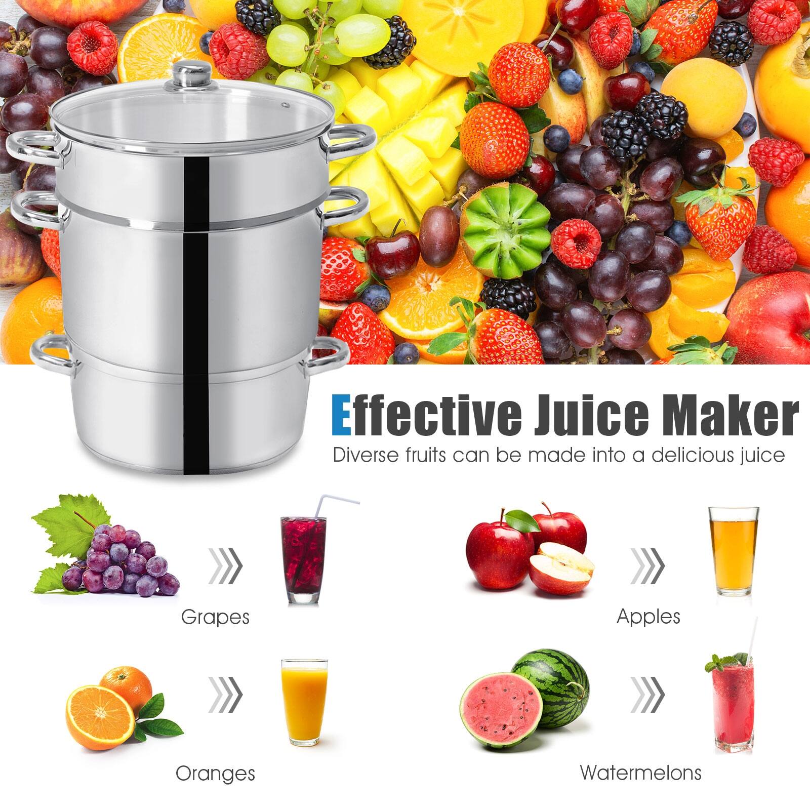 Effective Juice Maker  
Diverse fruits can be made into a delicious juice  
Grapes  
Apples  
Oranges  
Watermelons