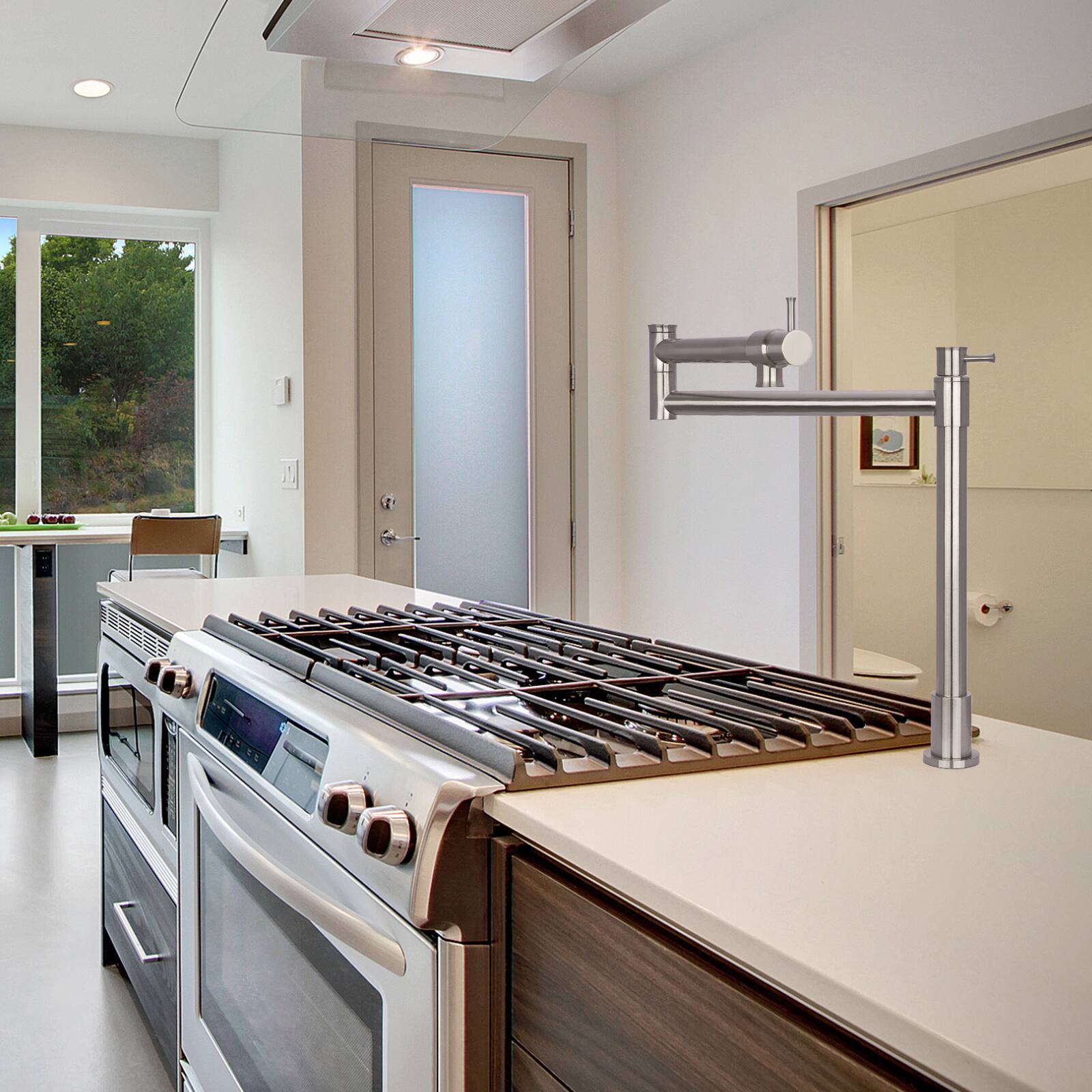 Alt View 6. Akicon - Akicon Solid Brass Deck-Mounted Pot Filler Kitchen Faucet with Double Joint Swing Arms in Brushed Nickel - Brushed Nickel.