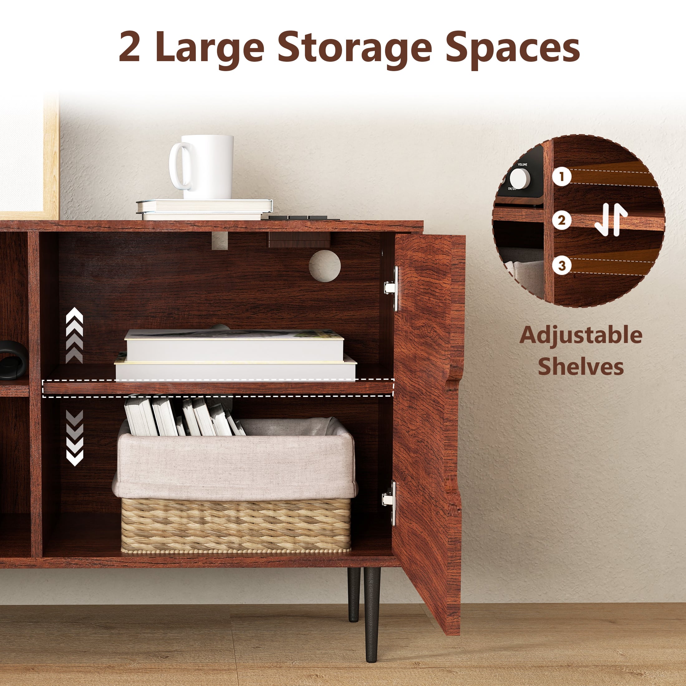 2 Large Storage Spaces, Adjustable Shelves