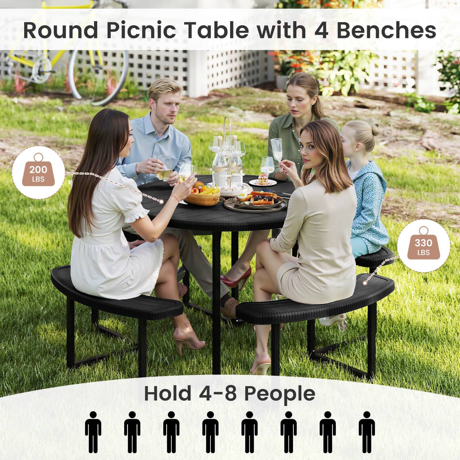 Round Picnic Table with 4 Benches - Hold 4-8 People