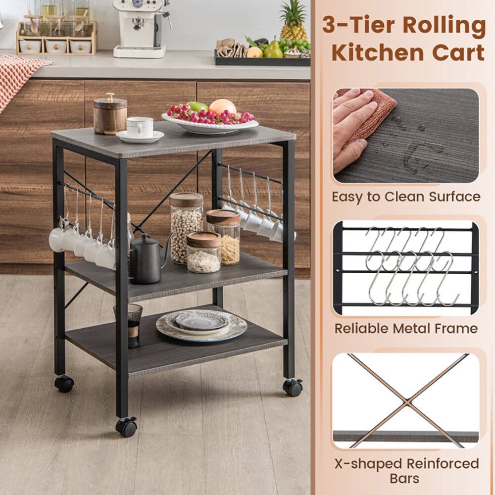 3-Tier Rolling Kitchen Cart  
Easy to Clean Surface  
Reliable Metal Frame  
X-shaped Reinforced Bars