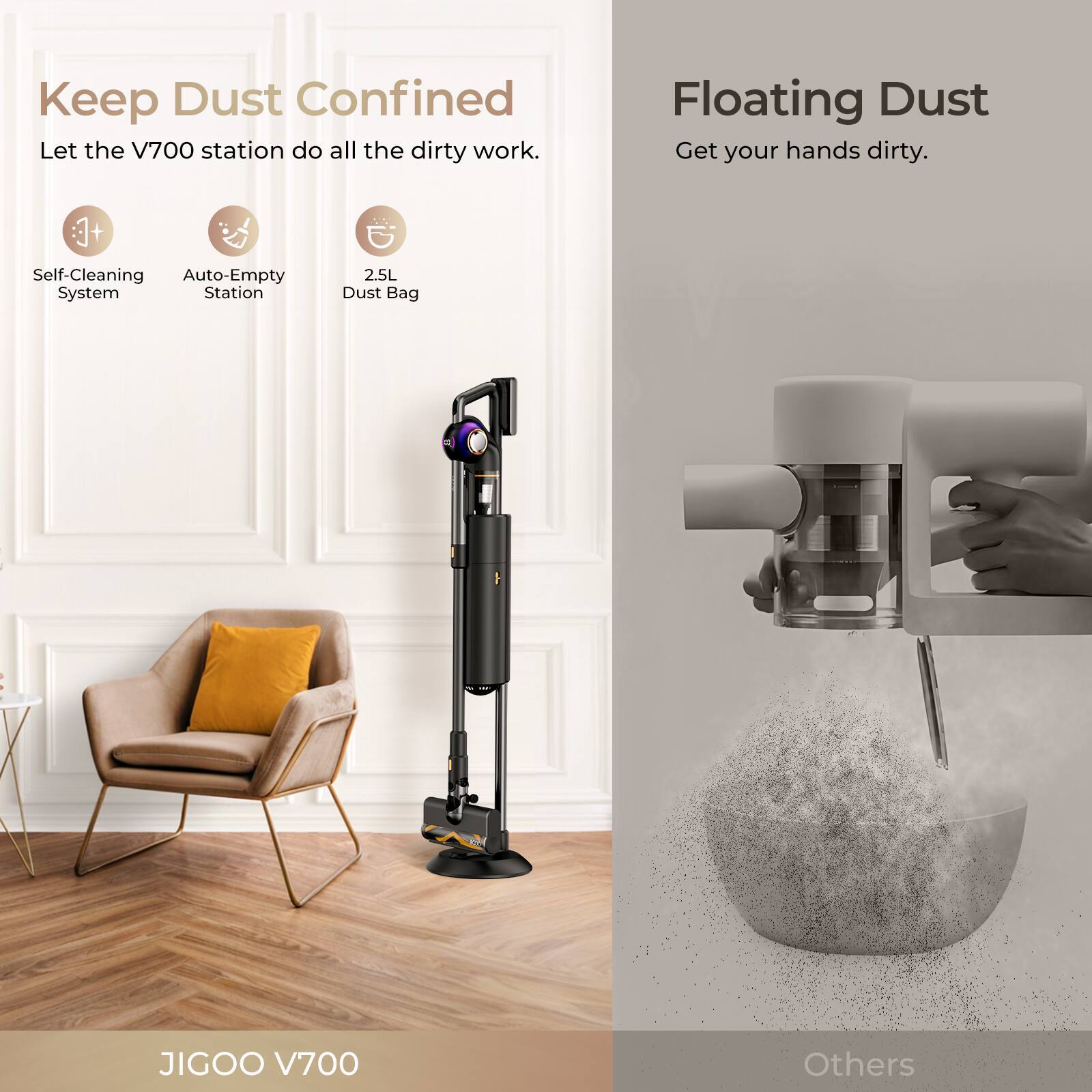 Keep Dust Confined  
Let the V700 station do all the dirty work.  
Self-Cleaning System  
Auto-Empty Station  
2.5L Dust Bag  

Floating Dust  
Get your hands dirty.  

JIGOO V700  
Others