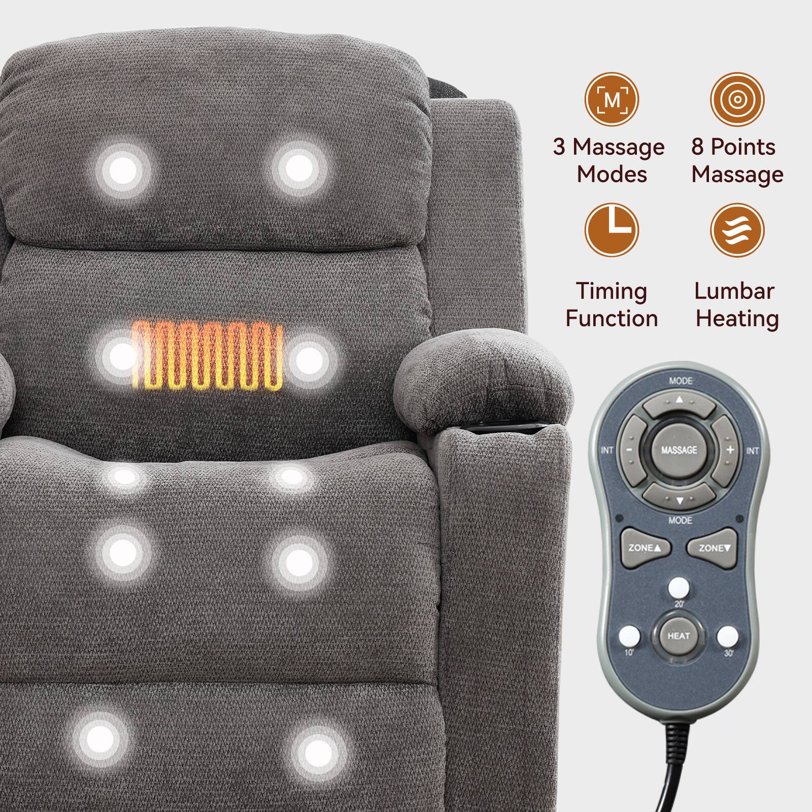 3 Massage Modes  
8 Points Massage  
Timing Function  
Lumbar Heating  

MODE  
MASSAGE  
INT  
ZONE A  
ZONE V  
HEAT  
20  
10  
30