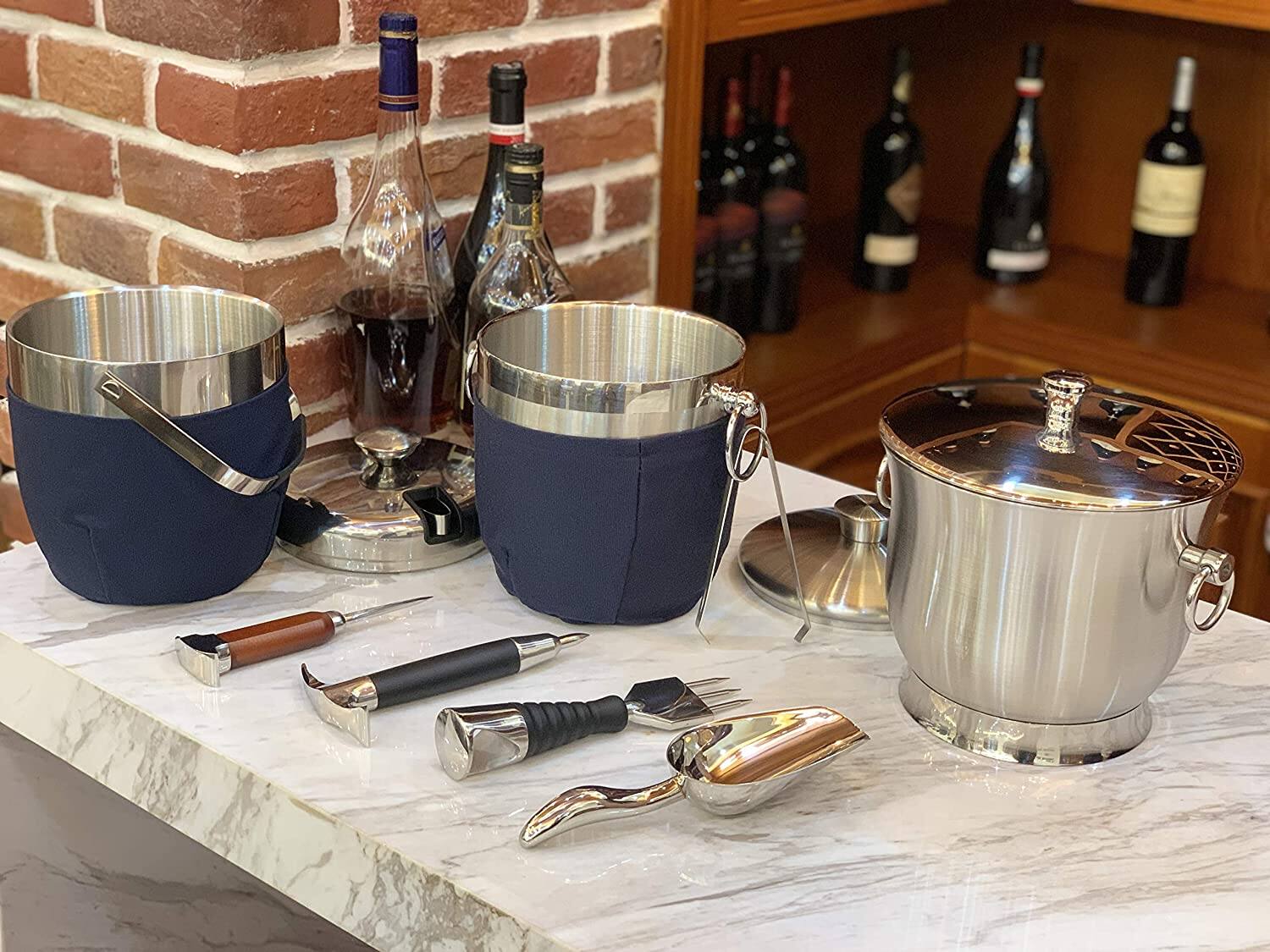 Angle. Fortune Candy - Insulated 2.8L Ice Bucket, Double-Wall Stainless Steel w/Lid, Ice Tongs & Scoop, Handmade Nylon Holder for Parties, Bar - Black.