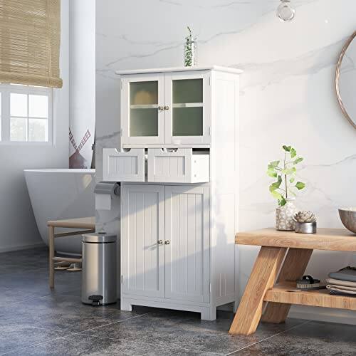 Alt View 1. Ecooso - 4 Door Freestanding Bathroom Floor Storage Cabinet with 2 Drawers and Glass Doors - White.