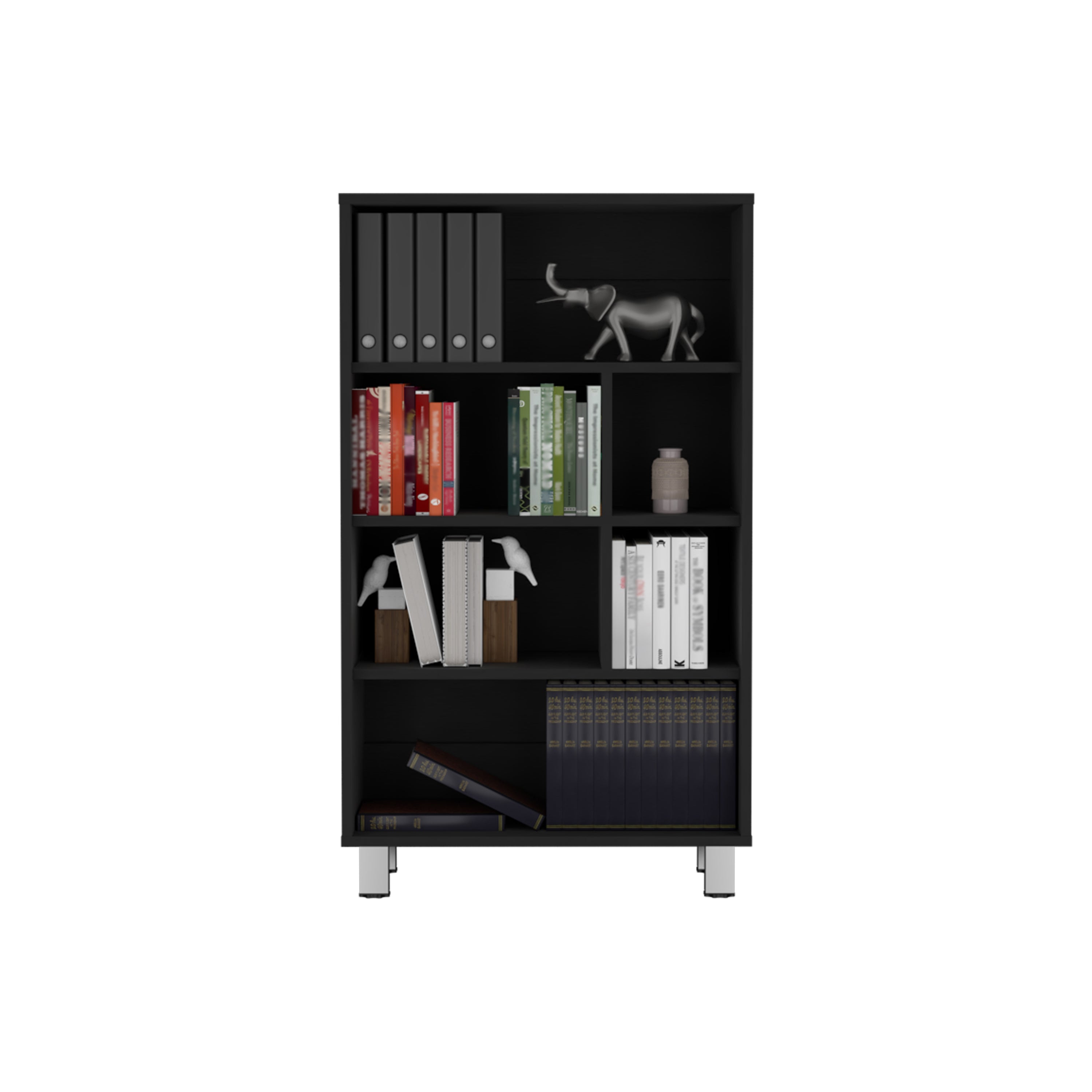 Back. Depot Eshop - Akiak Bookcase, 6 shelves, 4 legs - Black.
