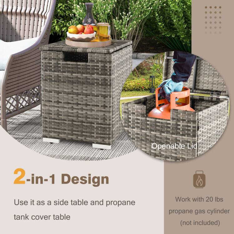 2-in-1 Design  
Use it as a side table and propane tank cover table  

Openable Lid  

Work with 20 lbs propane gas cylinder (not included)