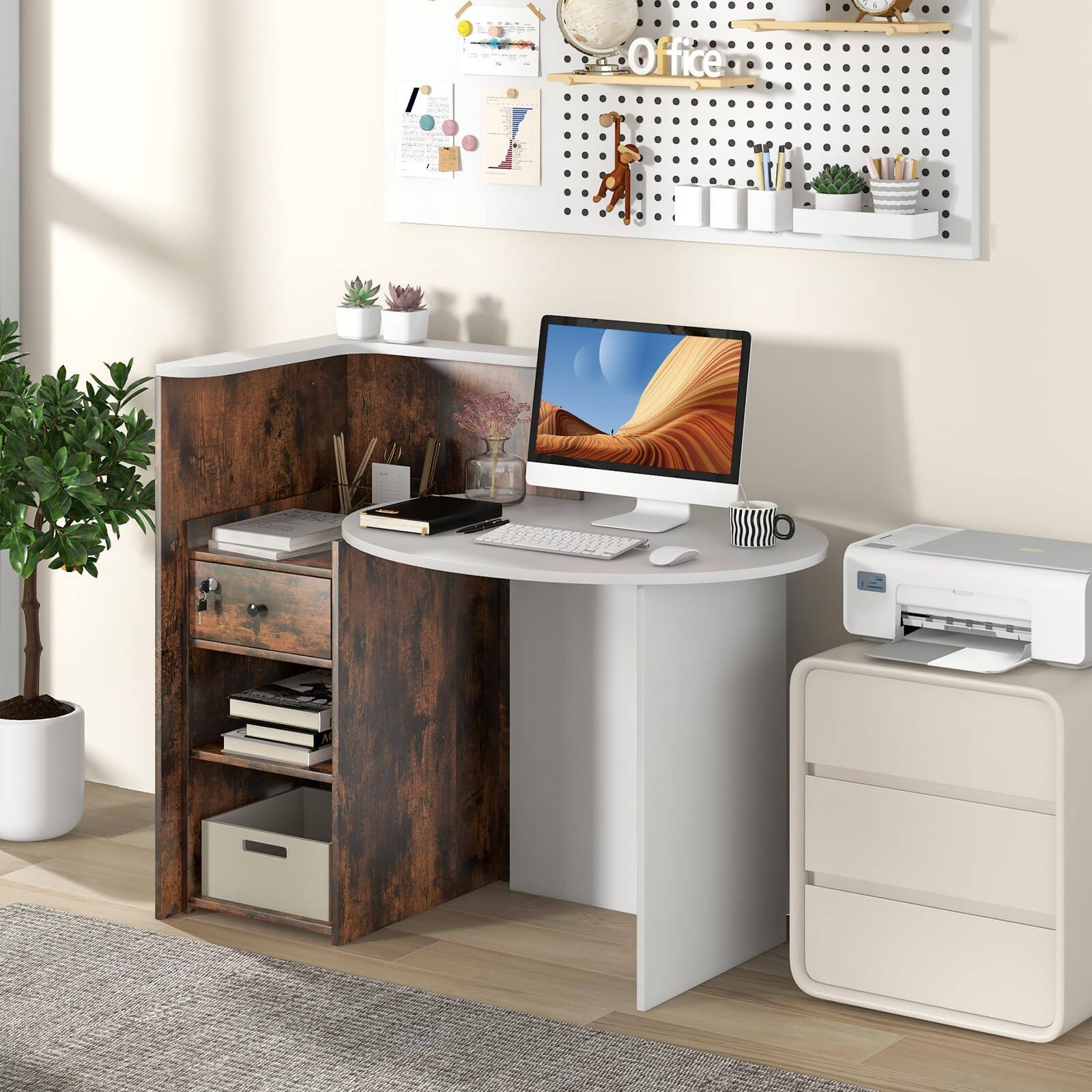 Alt View 1. Ecooso - Reception Desk Counter with Open Shelf and Drawer, Front Office Workstation - Rustic Brown and White.