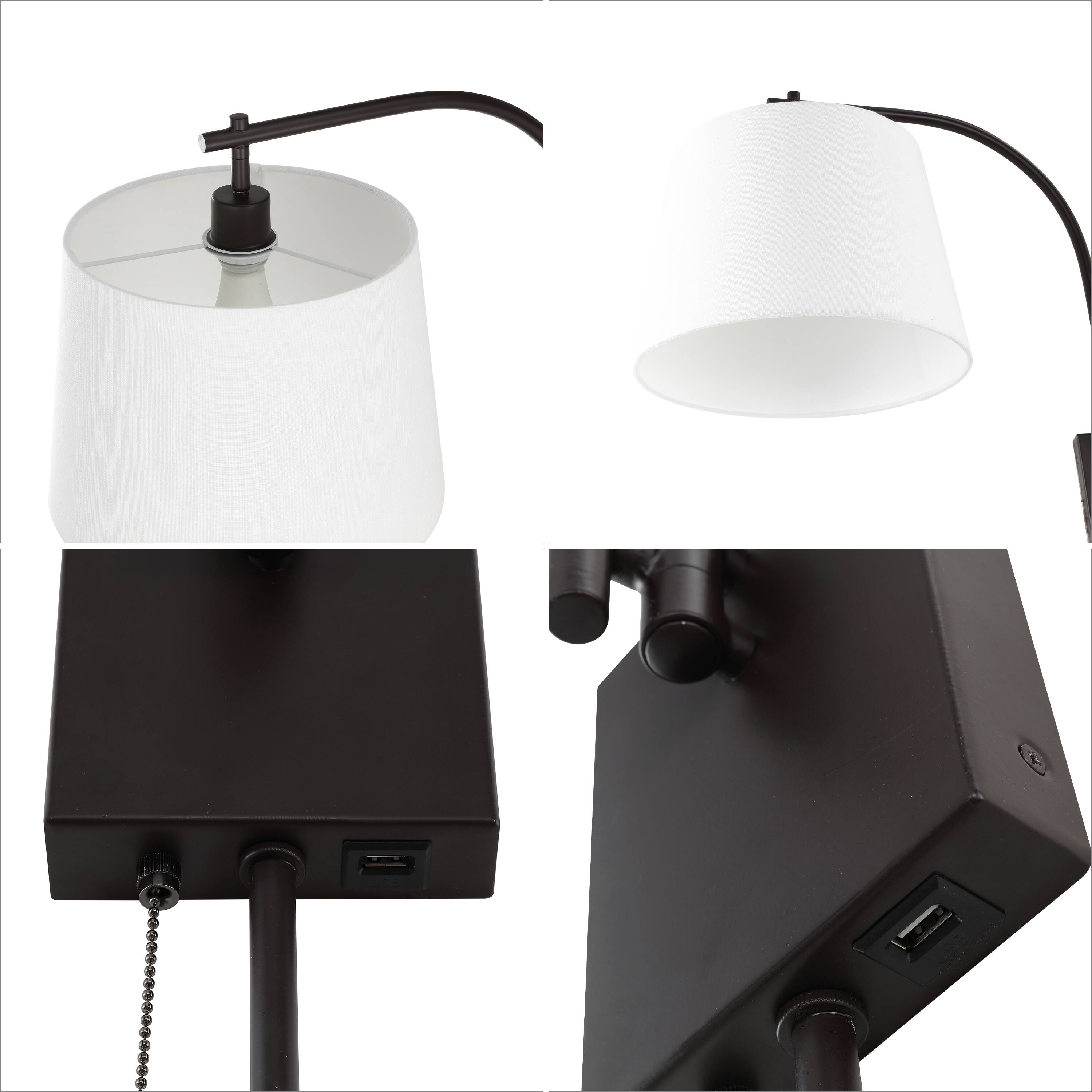 Alt View 5. Jonathan Y - Gosling 22.5" Plug-In or Hardwired Iron Gooseneck Swing Arm Sconce with Pull-Chain and Charging Port, Oil Rubbed Bronze - Oil Rubbed Bronze.