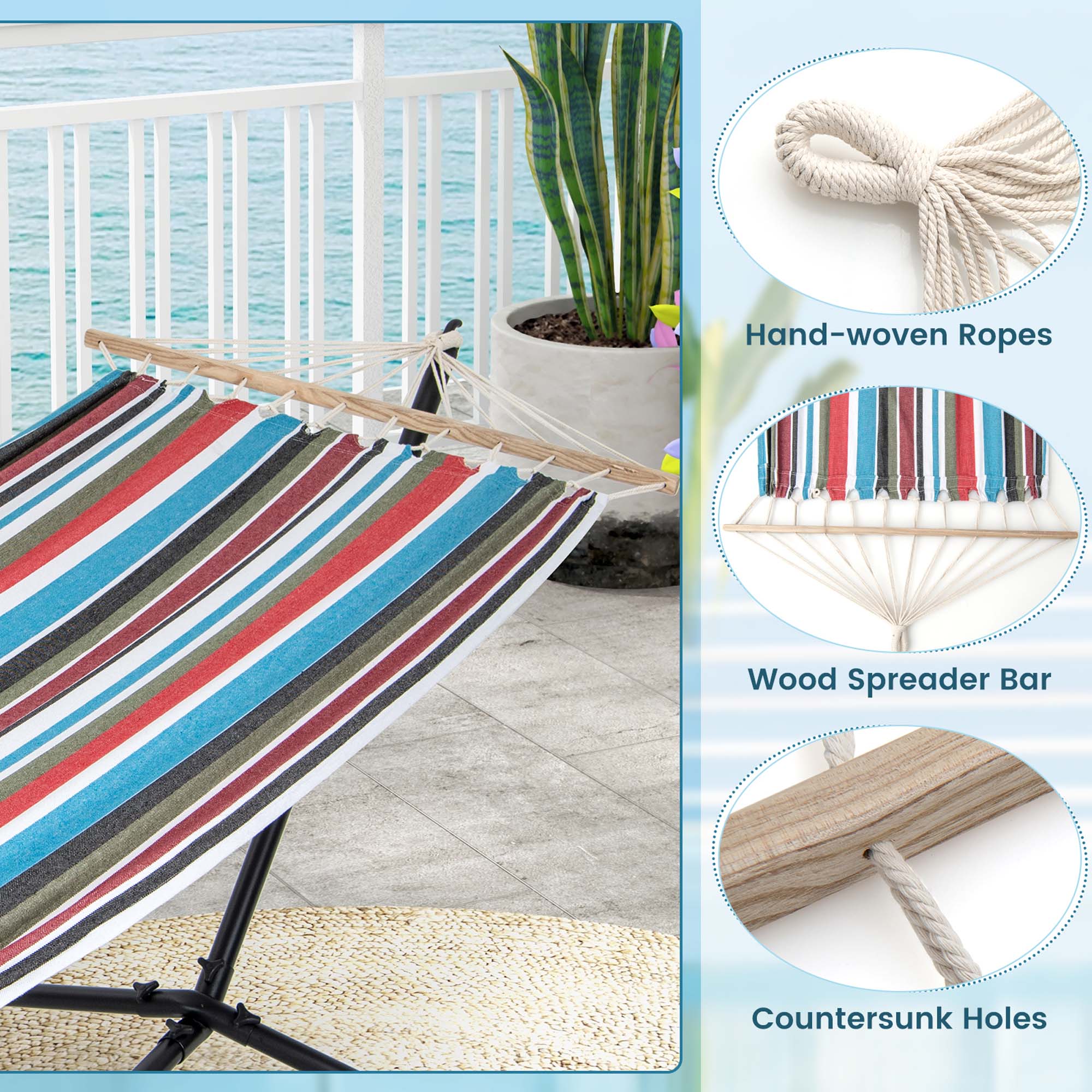 Hand-woven Ropes  
Wood Spreader Bar  
Countersunk Holes