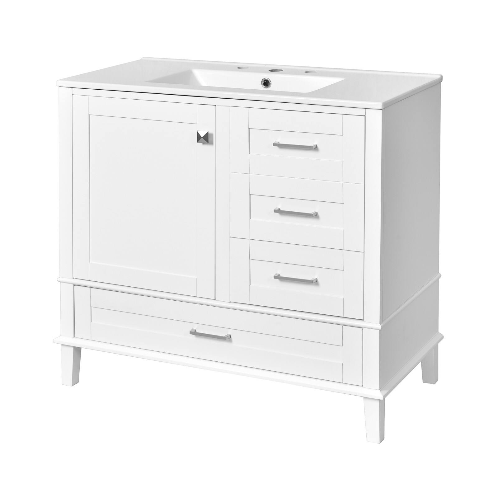 Front. Glintex - 36-Inch Bathroom Vanity with Ceramic Sink, Solid Pine Frame, 3 Drawers and Soft-Close Door - White.