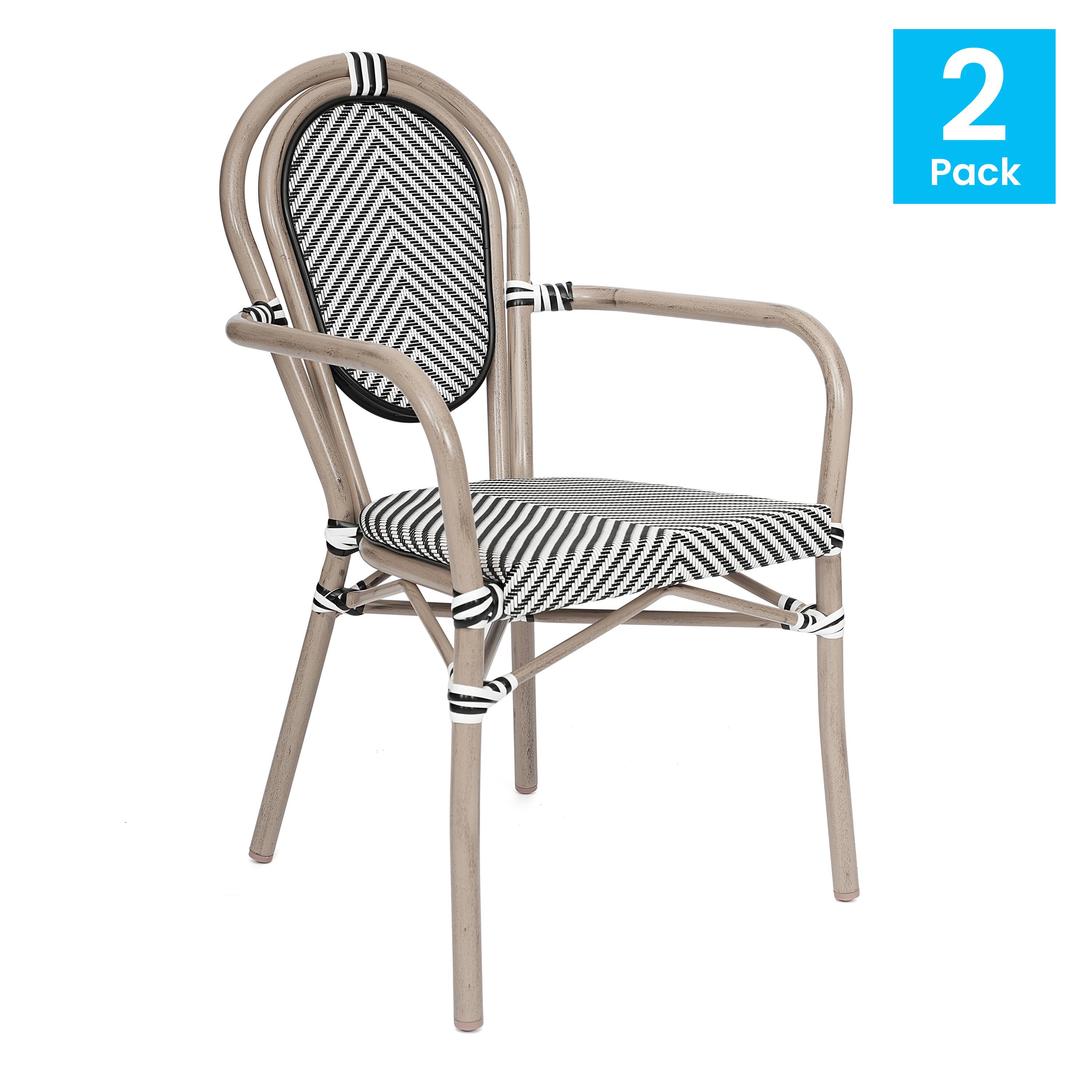 Alt View 1. Emma + Oliver - 2 Pack Stacking Bistro Chair with Bamboo Print Metal Frame - Black & White/Light Natural Frame.