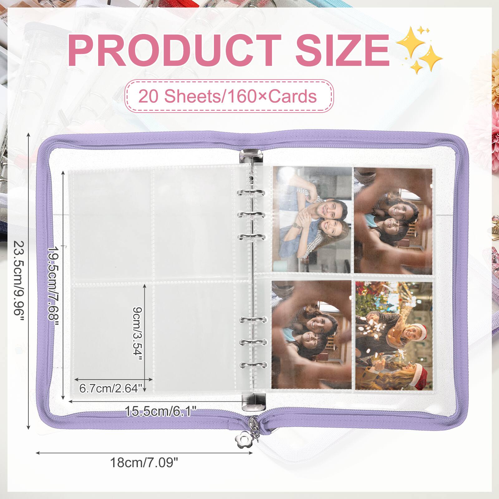 PRODUCT SIZE  
20 Sheets/160 Cards  
23.5cm/9.96"  
19.5cm/7.68"  
9cm/3.54"  
6.7cm/2.64"  
15.5cm/6.1"  
18cm/7.09"