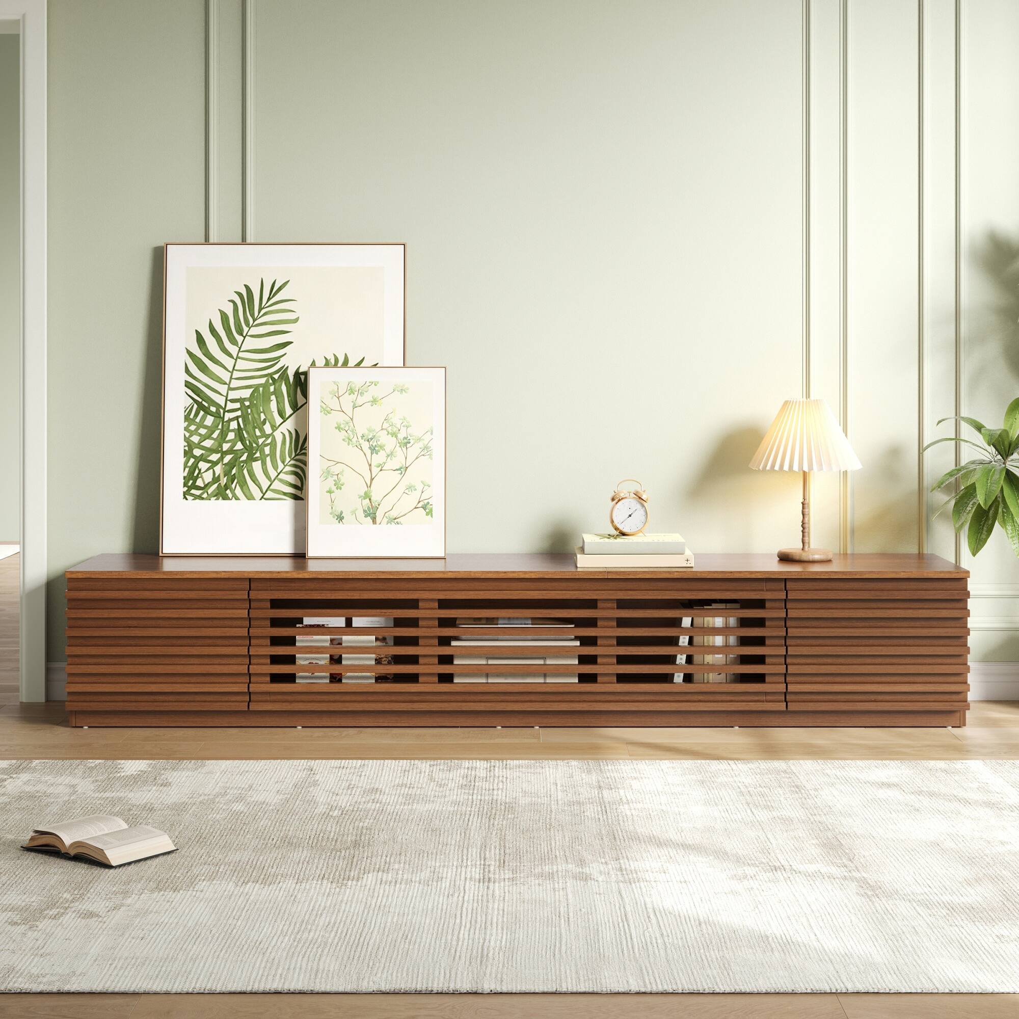 Left. MERAVOM - Modern TV Stand for TVs up to 90", Entertainment Center with Storage Cabinets, Flip-Down Doors for Living Room - Walnut.