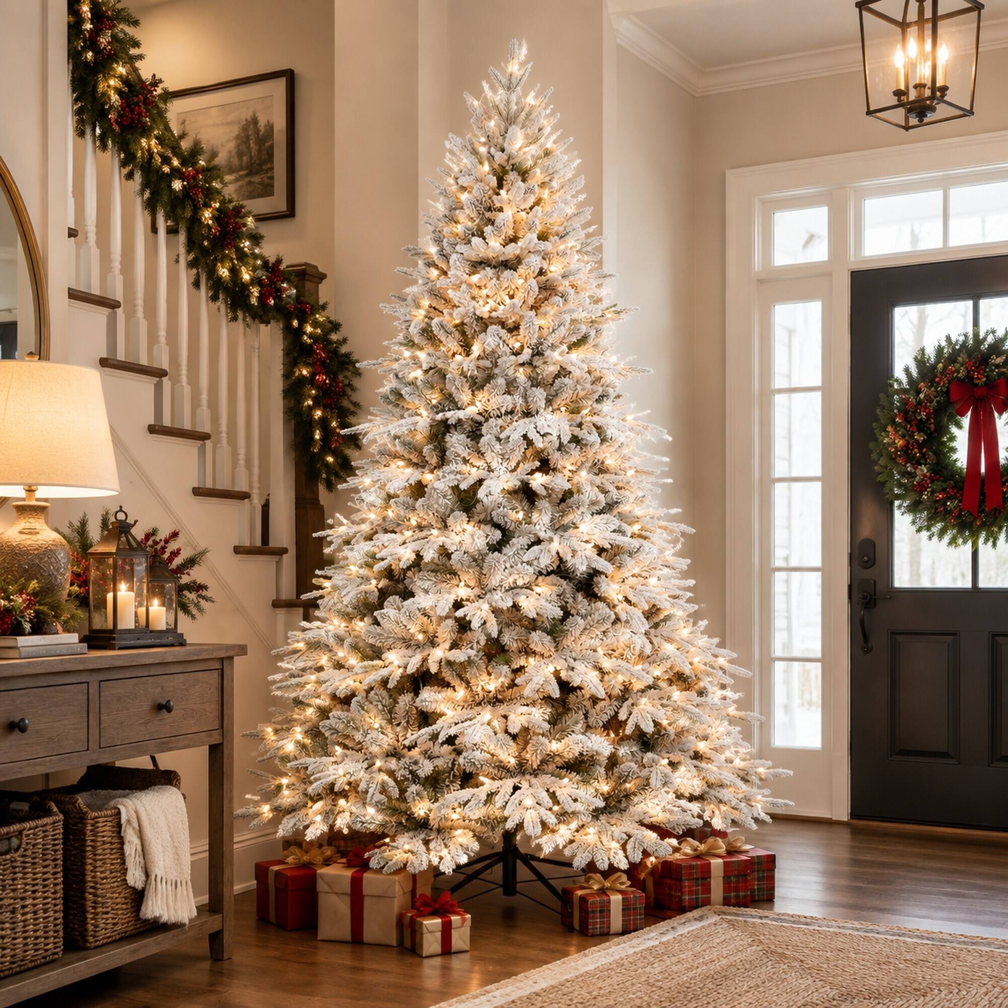 Alt View 1. RYHNUYNE - 7.5 Ft Flocked Artificial Christmas Tree With 650 Warm Lights, 3135 Tips Snowy Hinged Foldable Metal Stand Decor - Green,White.