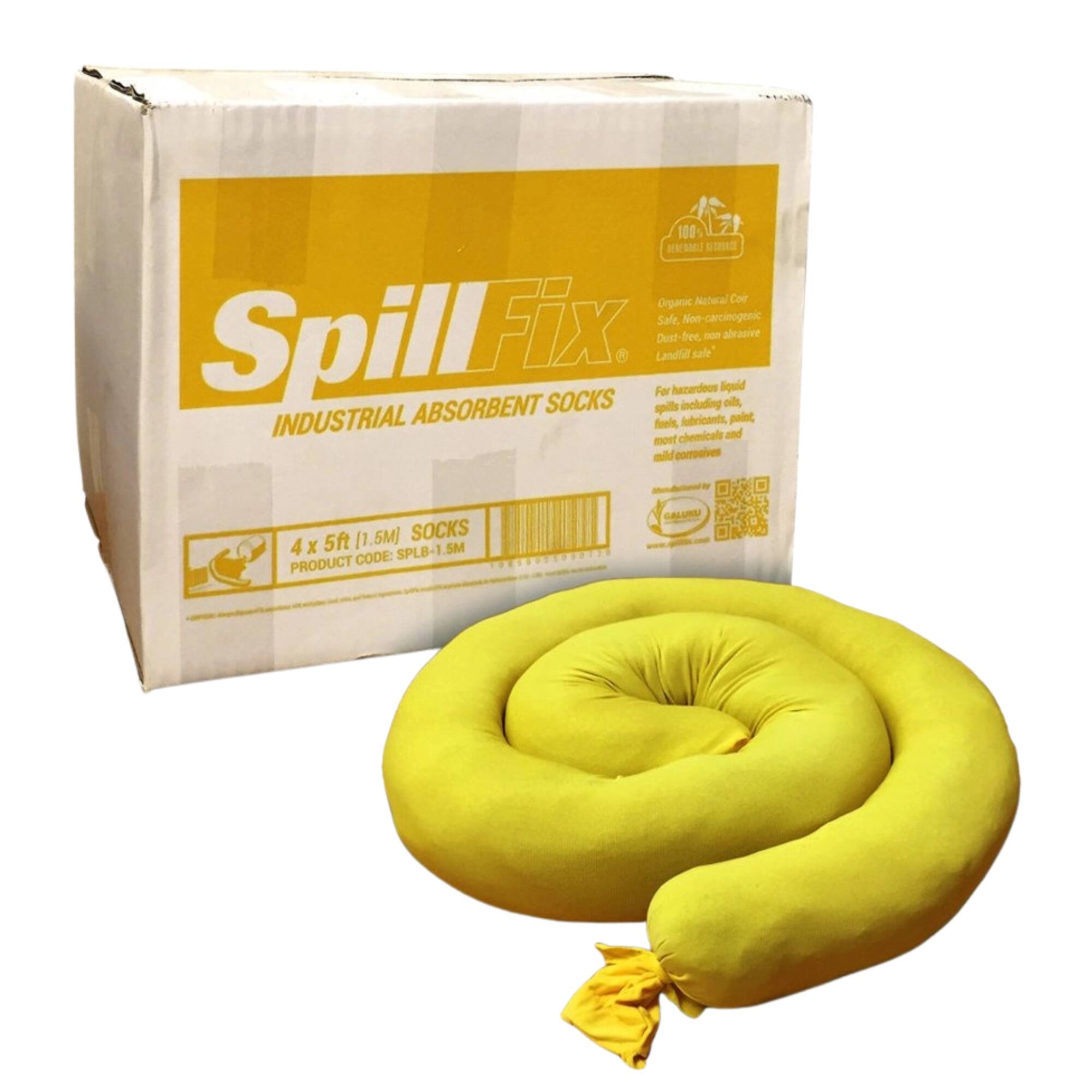 100% Organic Natural Coir Safe, Non-carcinogenic Dust free, non abrasive SpillFix ABSORBENT SOCKS spills For Landfill hazardous including sale liquid oils, INDUSTRIAL fuels, lubricants, paint, more chemicals and mild corrosives

5ft [1.5M] SOCKS 4 X SPLB-1 PRODUCT CODE: