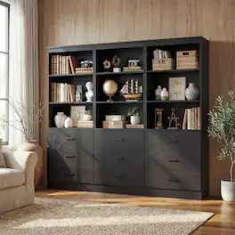Aheaplus - 71'' Tall Bookcase with 3 Drawers and 3-Tier Open Shelves, 3 Packs - Black