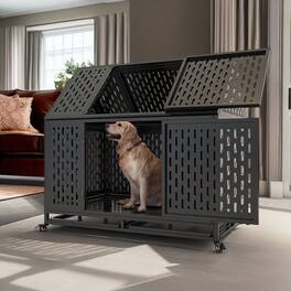 Pefilos - 45" Heavy Duty Metal Dog Crate with 4 Universal Wheels, Dog Kennel for Large Dog Cage