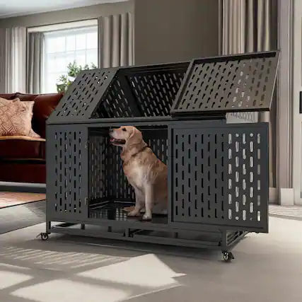 Front. Pefilos - 45" Heavy Duty Metal Dog Crate with 4 Universal Wheels, Dog Kennel for Large Dog Cage.