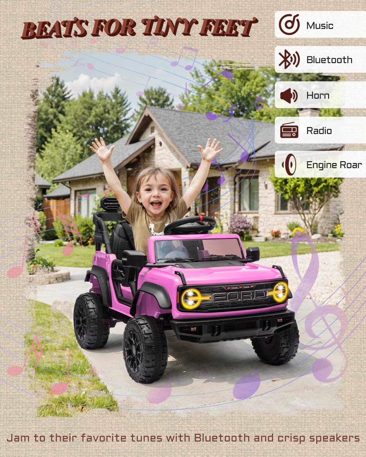 BEATS FOR TINY FEET

Music
Bluetooth
Horn
Radio
Engine Roar

Jam to their favorite tunes with Bluetooth and crisp speakers