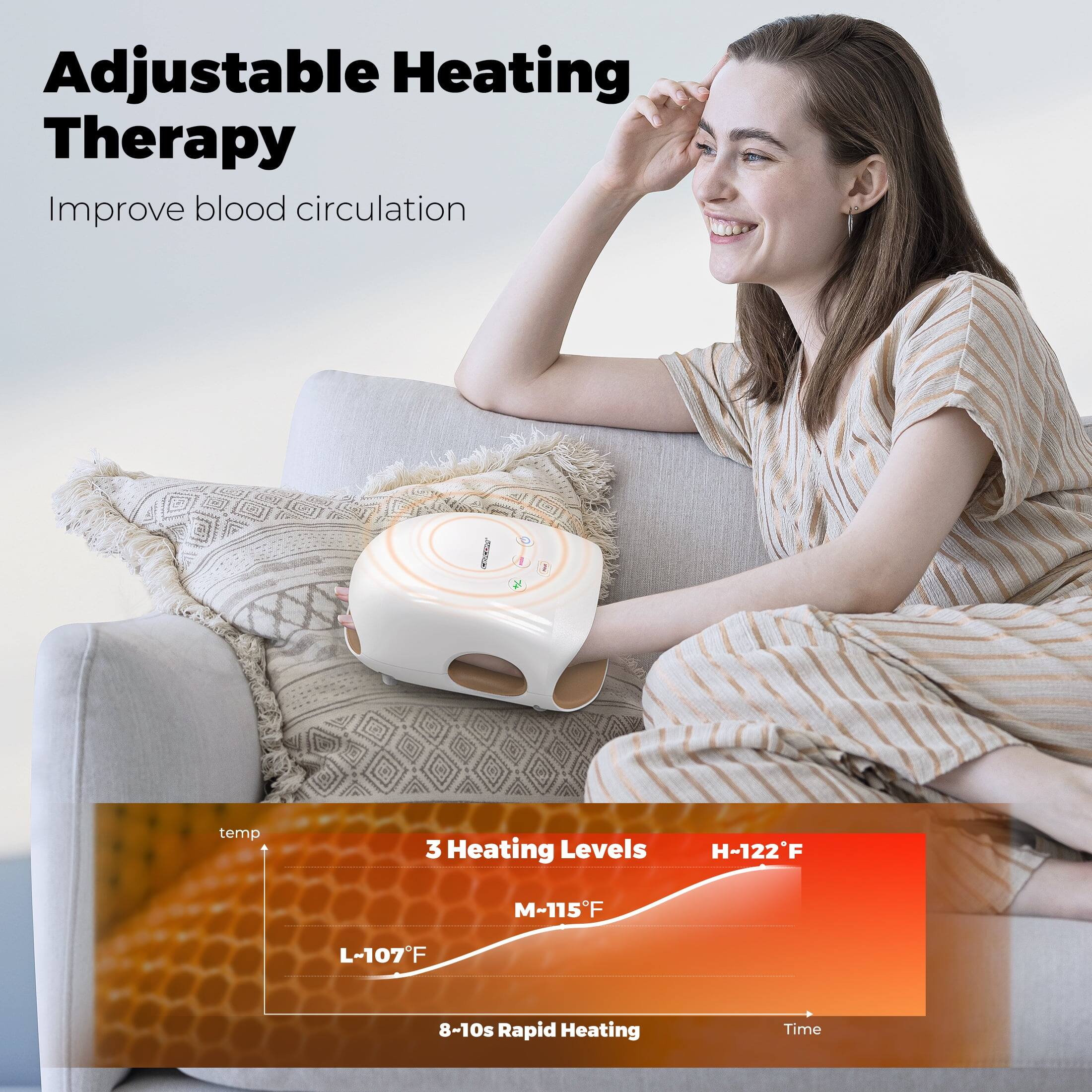 Adjustable Heating Therapy  
Improve blood circulation  

3 Heating Levels  
H-122°F  
M-115°F  
L-107°F  

8-10s Rapid Heating