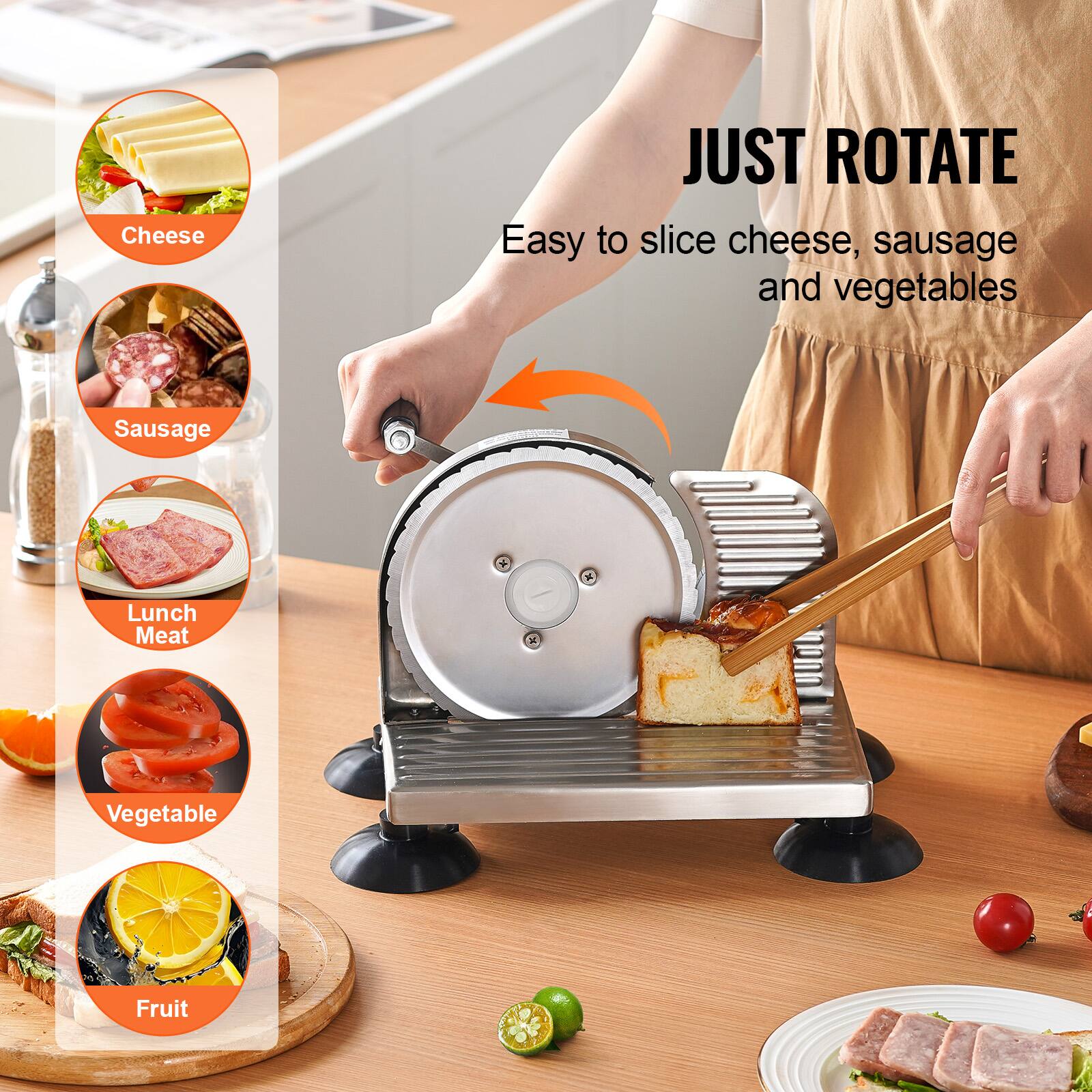 JUST ROTATE  
Easy to slice cheese, sausage and vegetables  

Cheese  
Sausage  
Lunch Meat  
Vegetable  
Fruit