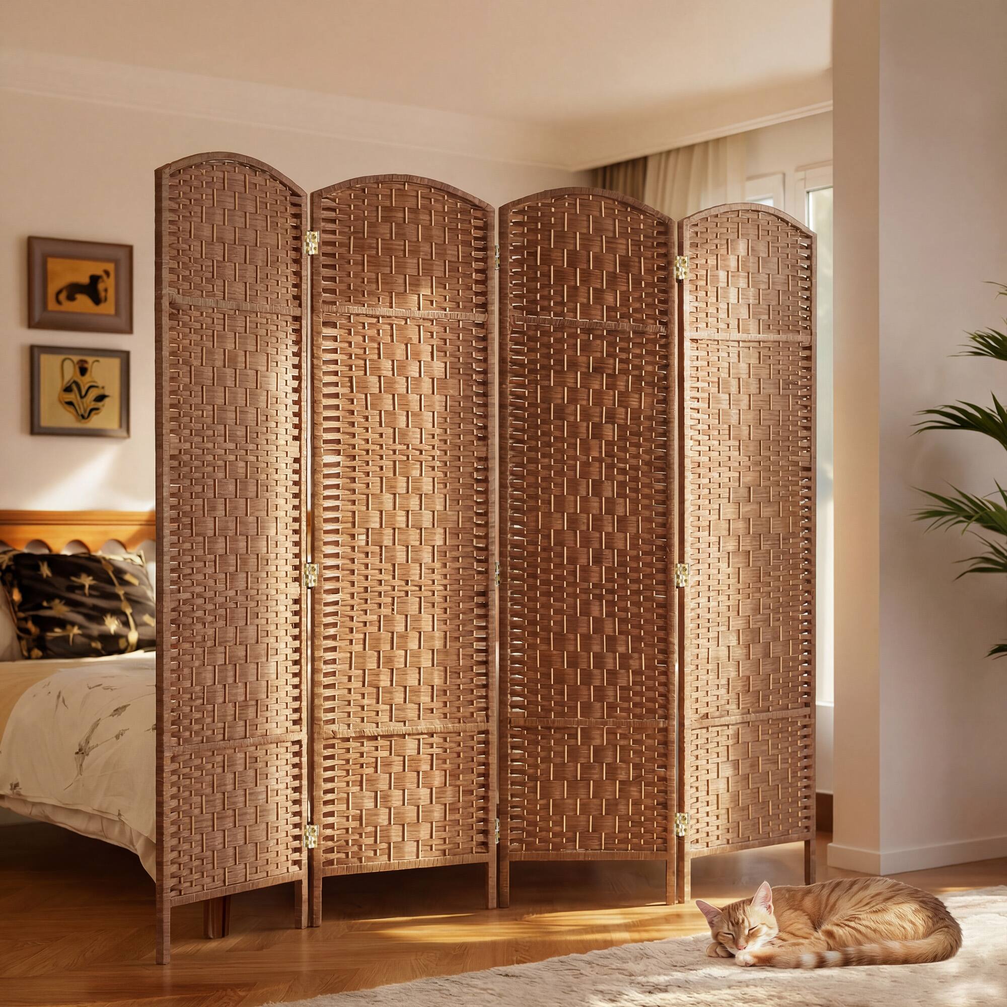 Alt View 7. Homcom - Divider 4 Panel, 6FT Tall Folding Privacy Screen, Freestanding Hand-Woven Partition for Room Separation with 360° Hinges - Natural Wood.