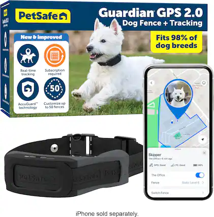 PetSafe Guardian GPS 2.0 Dog Fence + Tracking: New & improved. Fits 98% of dog breeds. Real-time Subscription tracking required. Complimentary 50-foot range. Customize up to 50 fences with AccuGuard technology. Good LTE. Good battery life. 96% Petsafe. 5-minute setup. The Office. iPhone sold separately.