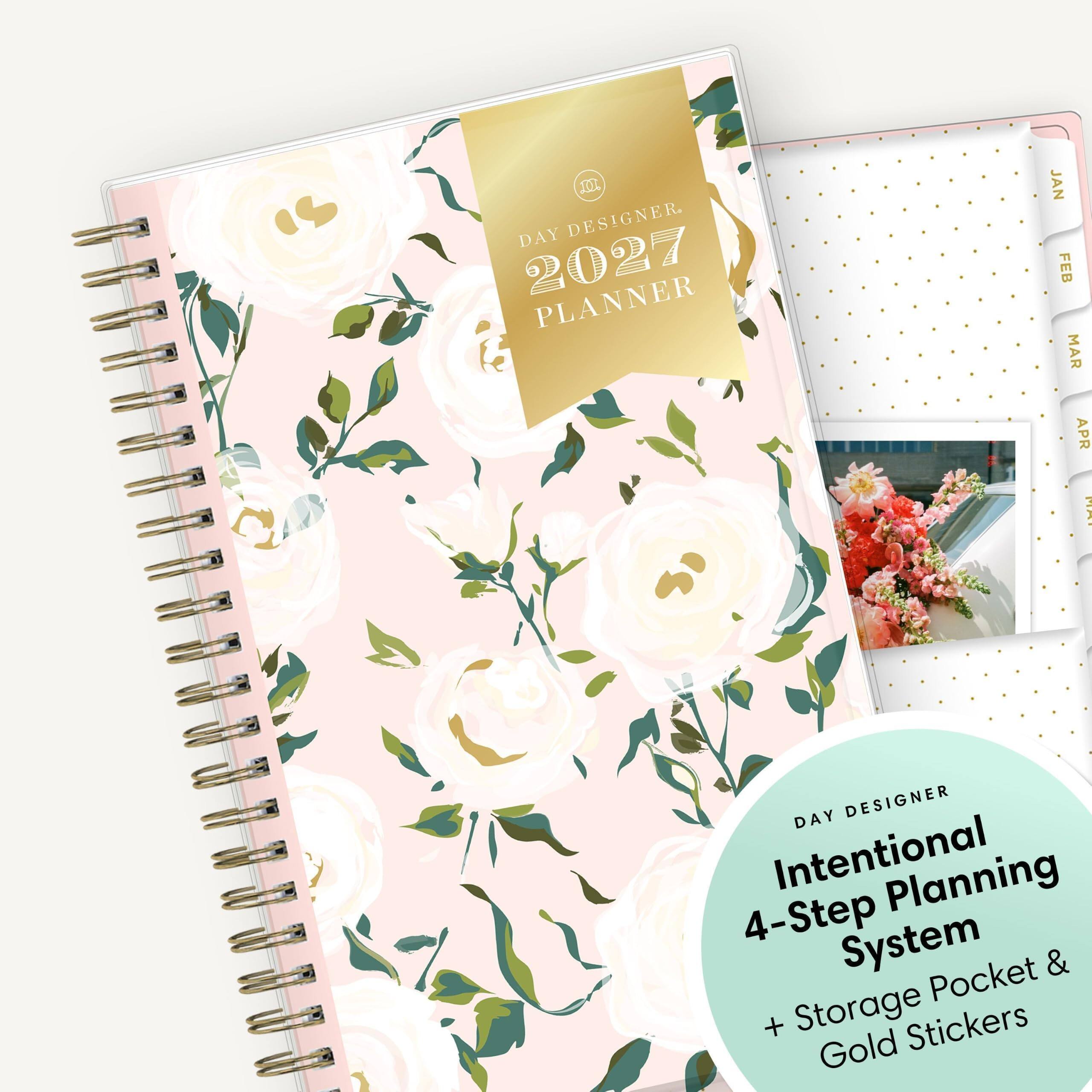 M DAY DESIGNER. 2027 PLANNER  
JAN FEB MAR APR  
DAY DESIGNER Intentional Planning 4-Step System Pocket & + Storage Stickers Gold