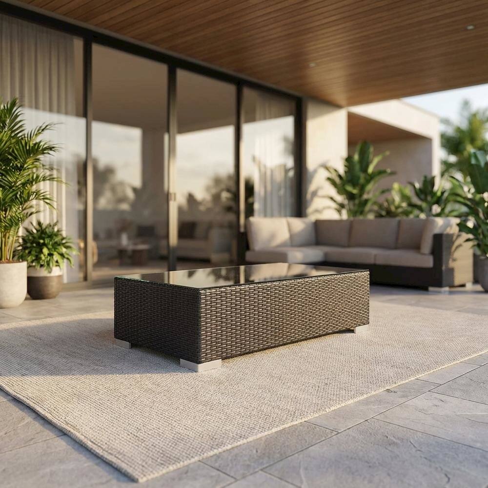 Angle. Outdoor Escape - Modern Outdoor Coffee Table With Durable Wood Finish For Patio Use - Brown.
