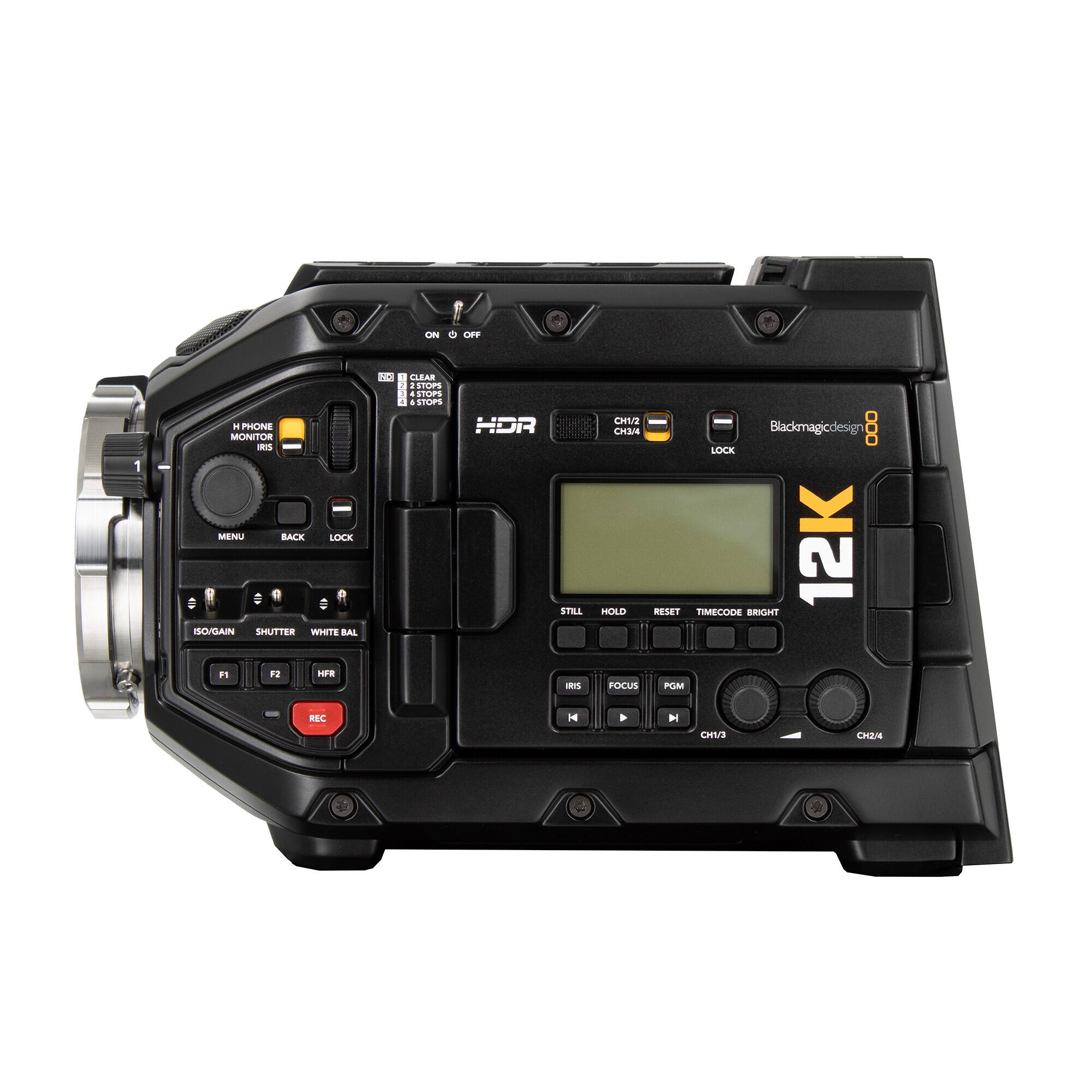 La 0 OFF 1 . PSIONE MONITOR  MENU BACK LOCK D  D O ISO/GAIN SHUTTER WHITE BAL F1 F2 HFR REC H I CLB CH/E

Blackmagicdesign

HDR

12K

CH1/2 CH3/4

LOCK

STILL HOLD RESET TIMECODE BRIGHT

IRIS FOCUS PGM

CH1/2 CH3/4

H PHONE MONITOR

ON OFF

CLEAR 2 STOPS 4 STOPS

HOR

STOPS

CHV2

CH/E