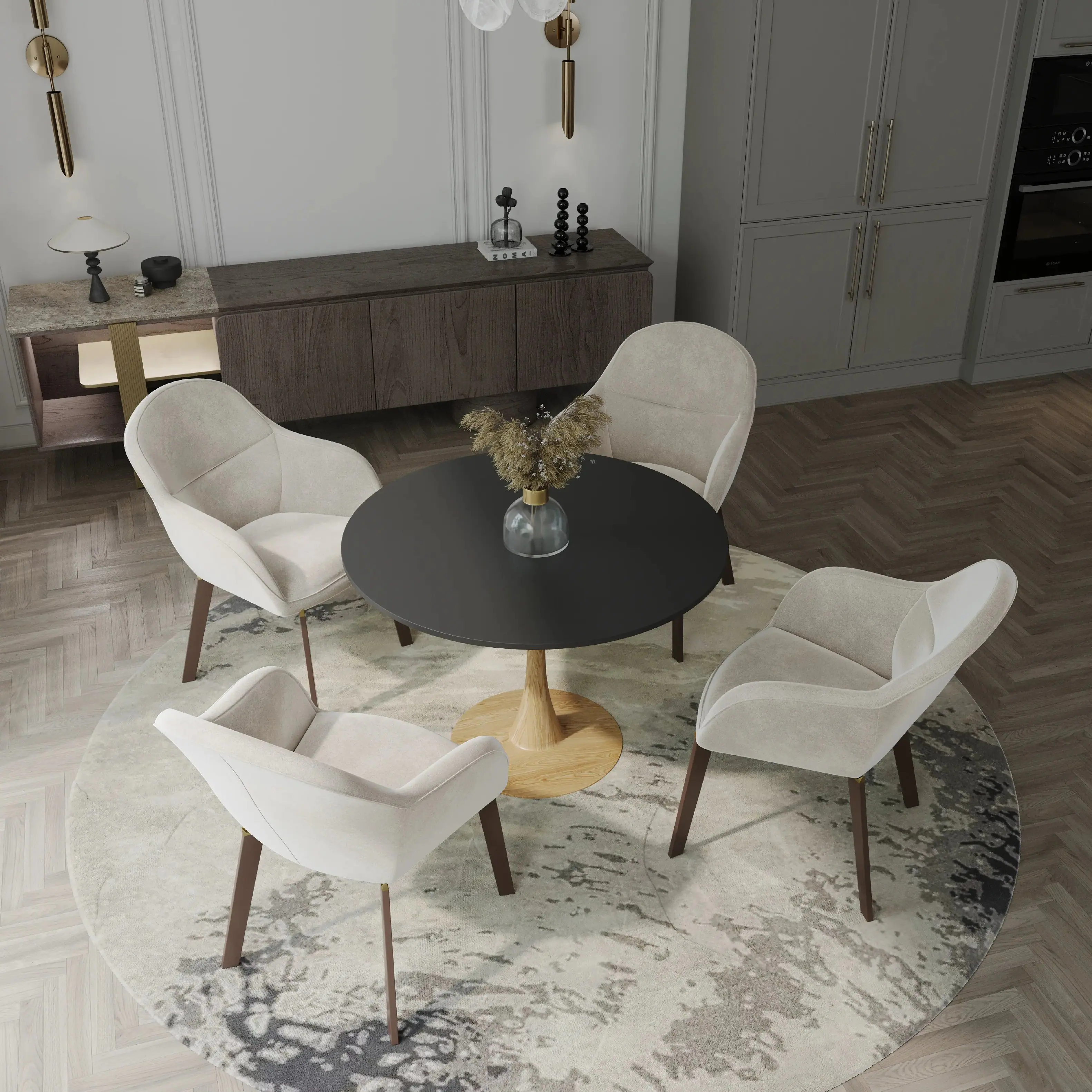 Angle. LeisureMod - Bristol 31 in. Round Dining Table MDF Tabletop with Natural Wood Finish Pedestal Steel Base Modern Kitchen Accent Table - Marbled White.