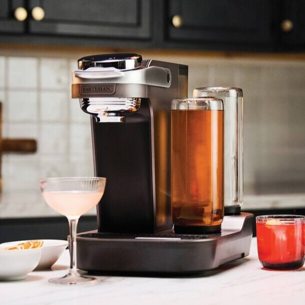 Left. Bartesian - Bartesian Duet Starter Bundle: Compact Cocktail Machine and 4-Pack Variety Capsules - Black/Stainless Steel - Silver.