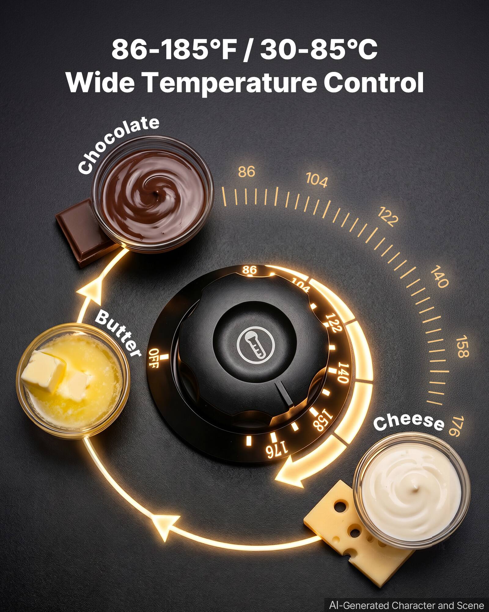 86-185°F / 30-85°C Wide Temperature Control

Chocolate: 86, 104, 122, 140, 158

Butter: 122 OFF

Cheese: 176