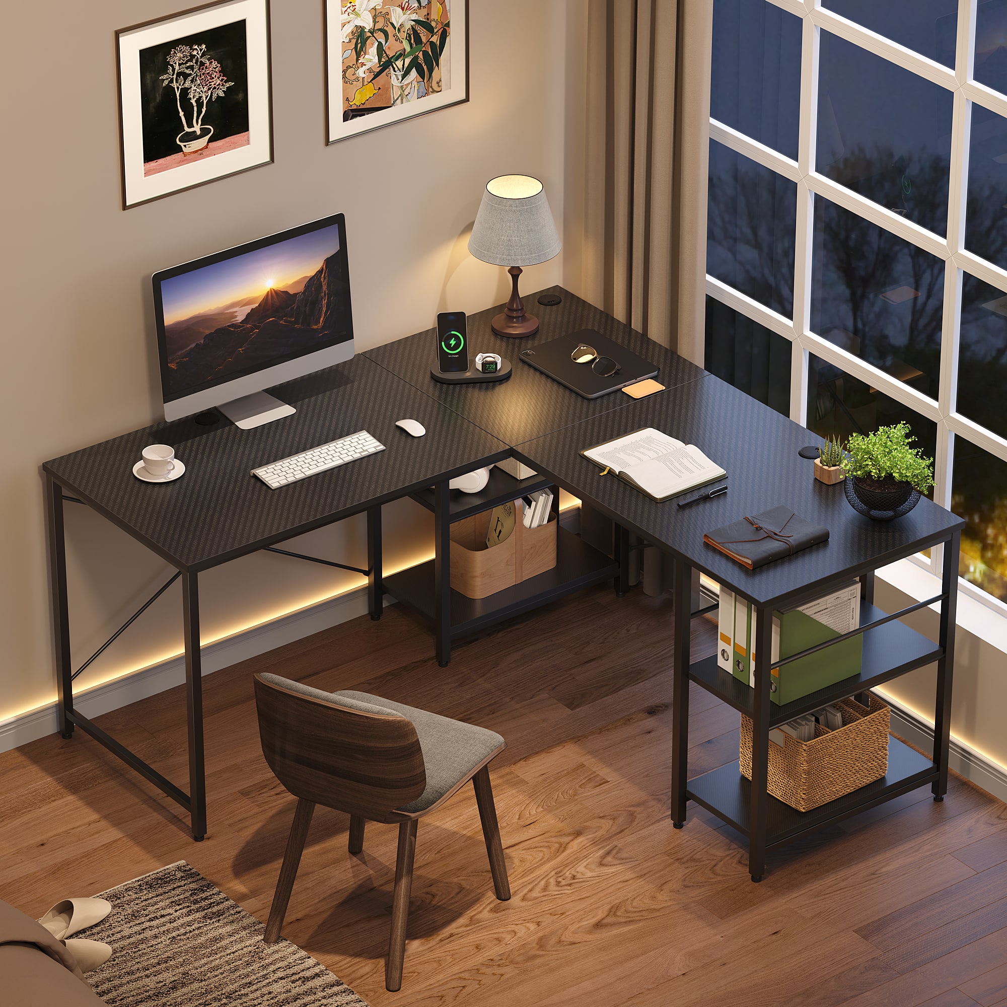 Bestier - 59" L-Shaped Desk with Multi Tier Shelves Home Office & Gaming Computer Desk for Corner Space - Black 3D Carbon Fiber