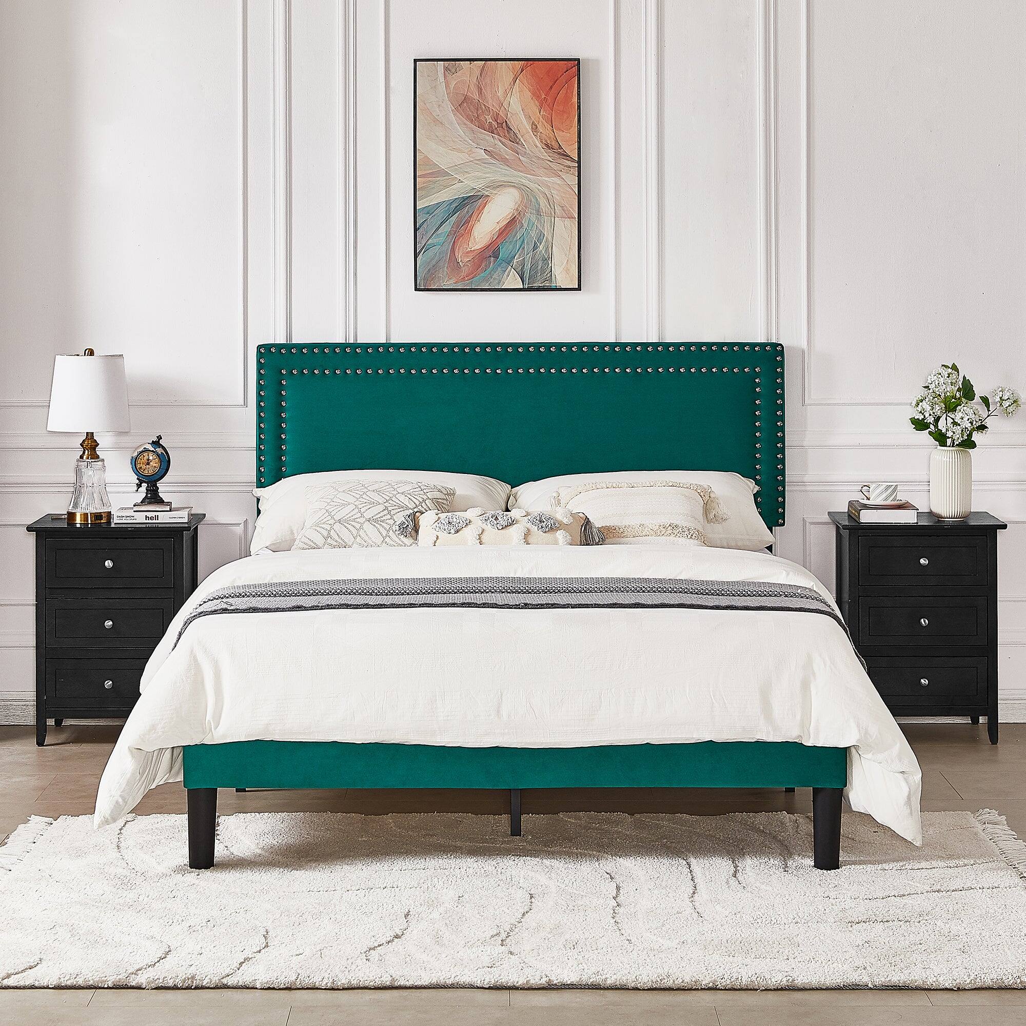 Alt View 2. Vecelo - Queen Size Platform Bed Frame with Adjustable Upholstered Headboard, Strong Wood Slat Support,No Box Spring Needed - Dark Green.