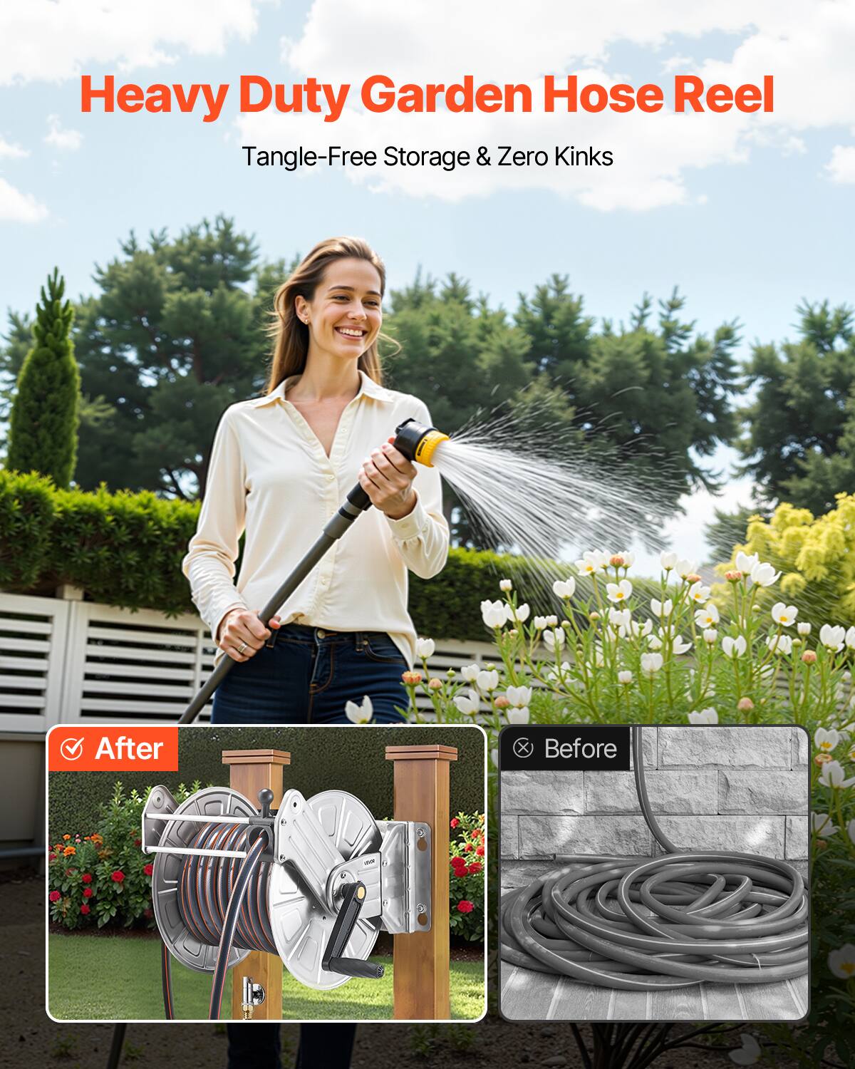 Heavy Duty Garden Hose Reel  
Tangle-Free Storage & Zero Kinks  

After  
Before