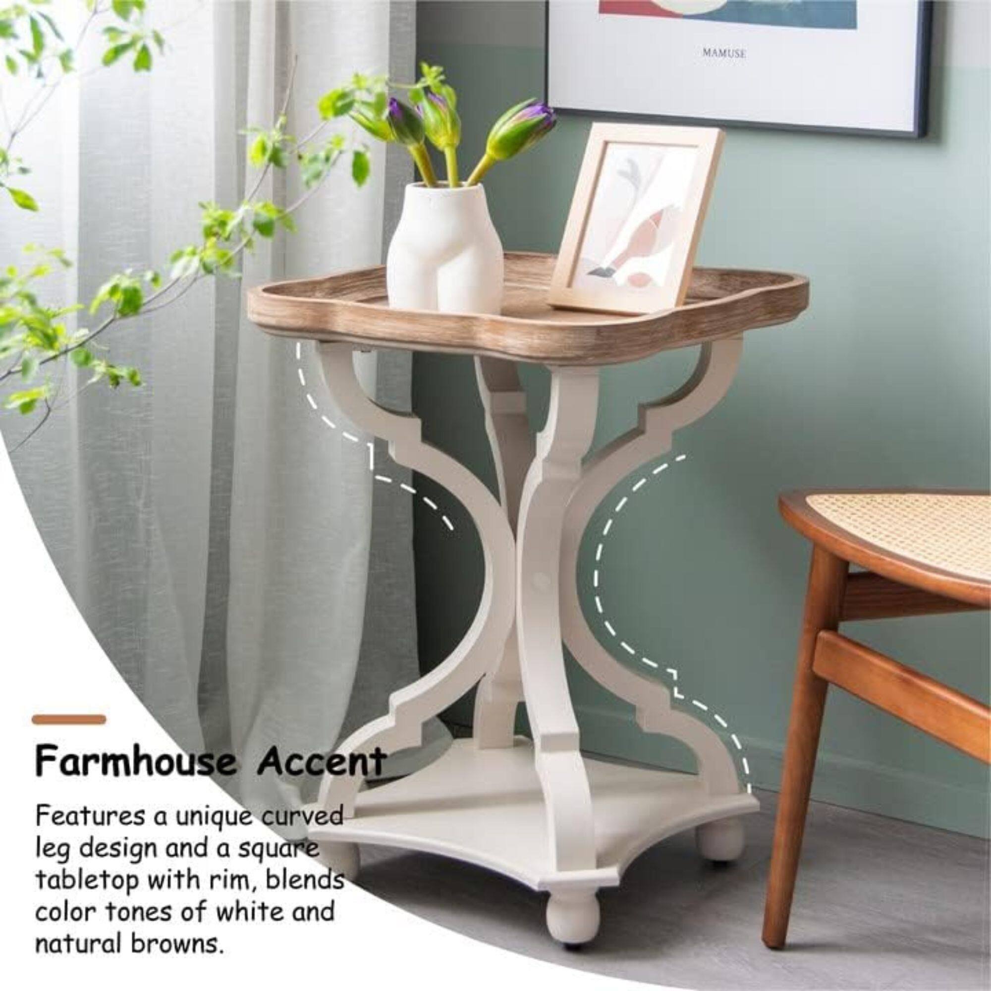 Farmhouse Accent  
Features a unique curved leg design and a square tabletop with rim, blends color tones of white and natural browns.