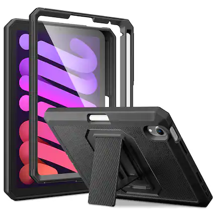 Front. DTTO - Shockproof Case for iPad mini 7 (A17 Pro) 2024 / iPad mini 6 2021 8.3 Inch, Built-in Screen Protector and Pencil Holder - Black.