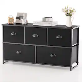 Gymax - 5 Drawers Dresser TV Stand Chest Clothes Storage Organizer with 5 Fabric Bins - Black